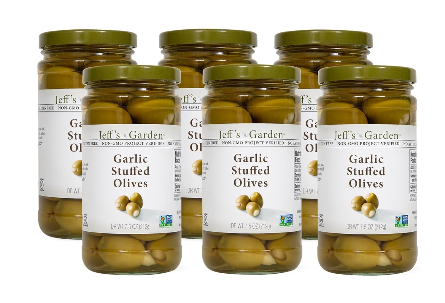 Jeff's Garden Savory Garlic Stuffed Olives | Non-GMO, Gluten Free, Keto, Vegan | 7.5 Ounce Drained Weight Jar (Pack of 6)