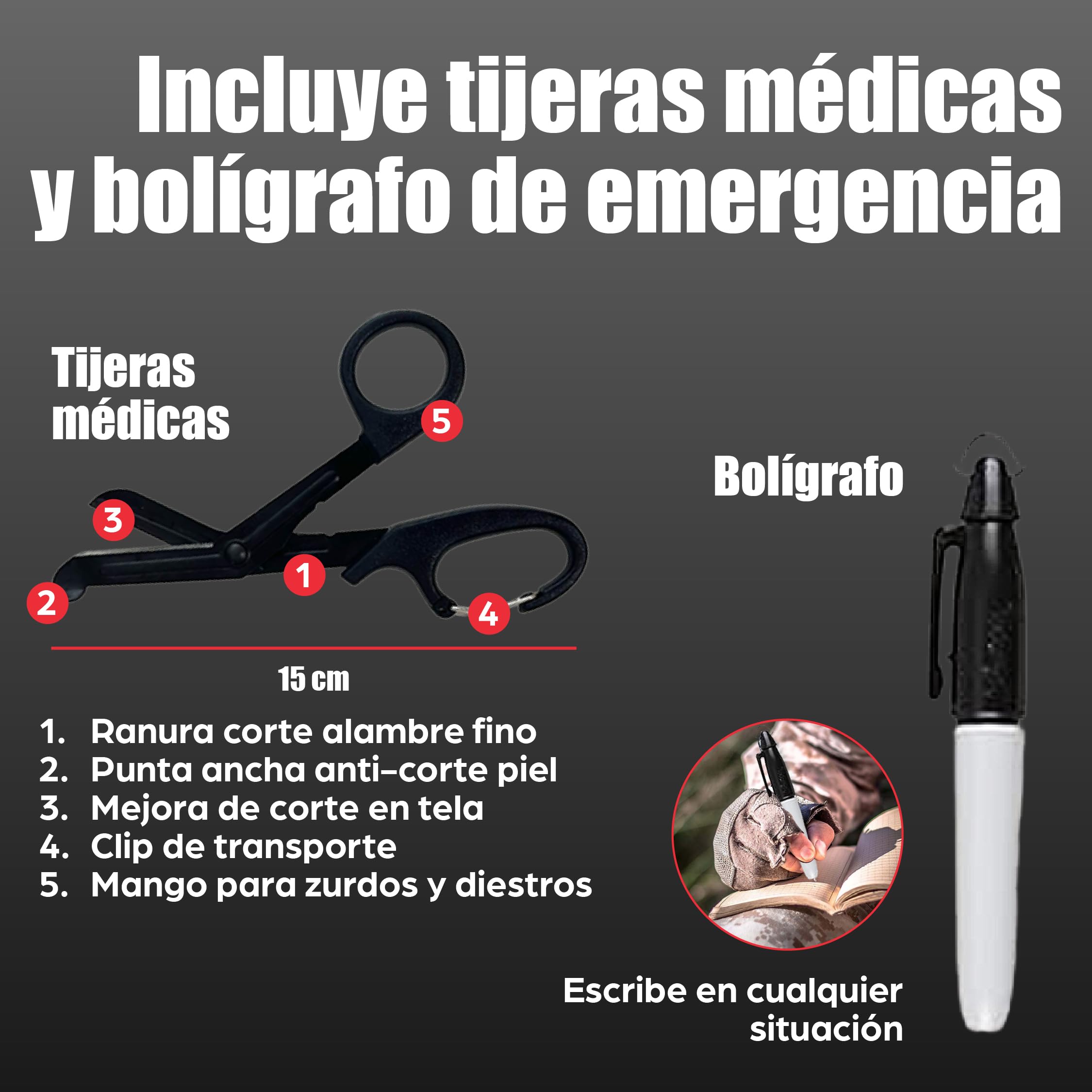 Pack Torniquete Táctico. 5 piezas (torniquete+funda+tijeras+boligrafo+parche) Kit supervivencia homologado hemorragias. Emergencias senderismo, militar, enfermero, policía Botiquín primeros auxilios