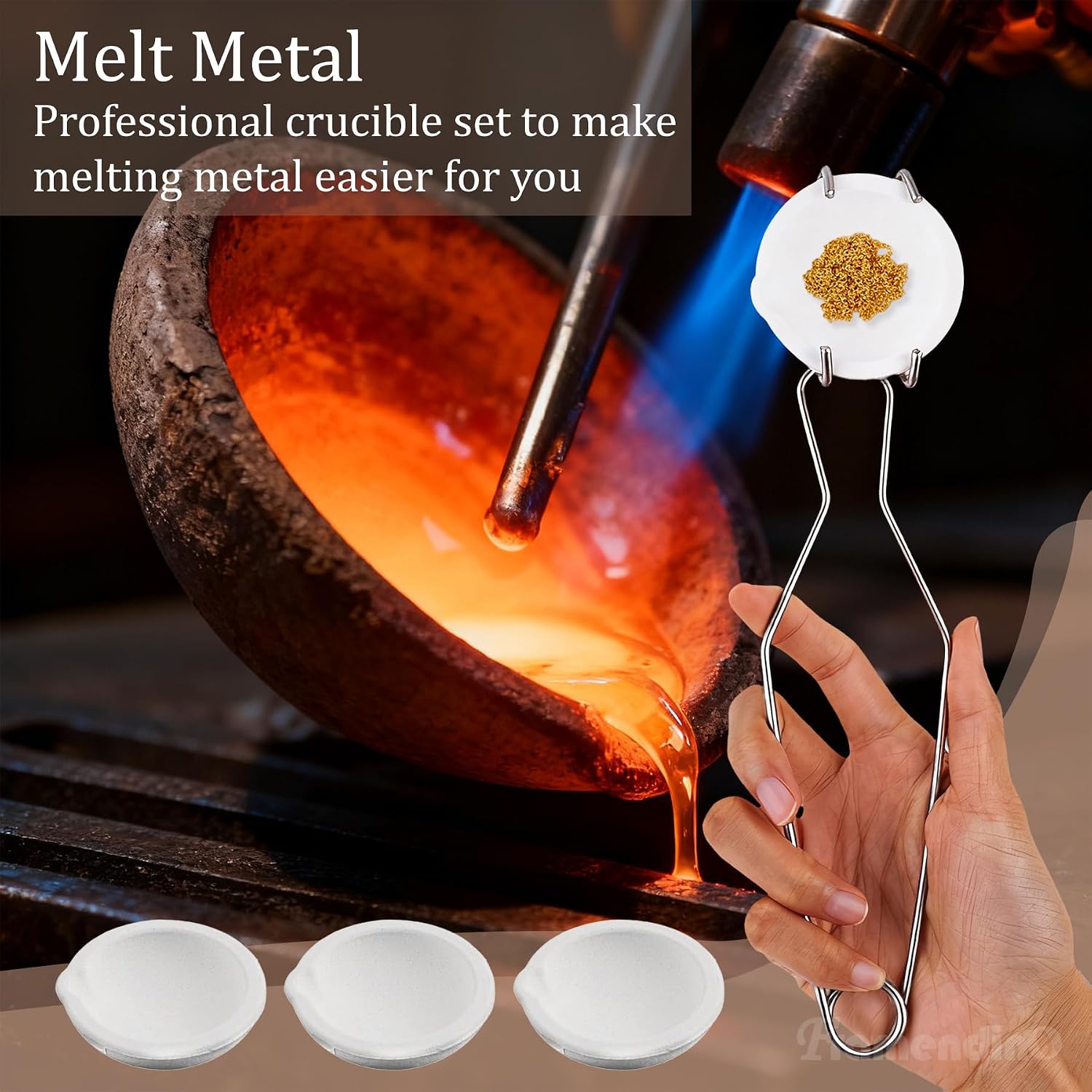 Framendino, 6 Pack Crucible Kit with 2 Tongs and 4 2" Small Quartz for Casting Refining Gold Silver Aluminum Copper Brass Melting Metal Pottery Tools