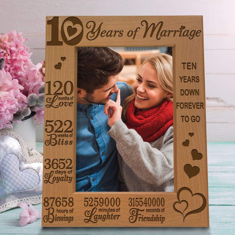 KATE POSH - Our 10th Wedding Anniversary Picture Frame, 10th Anniversary, 10 Years Anniversary, 10 Years of Marriage, 120 Months of Love - Engraved Natural Wood Picture Frame (5x7-Vertical)