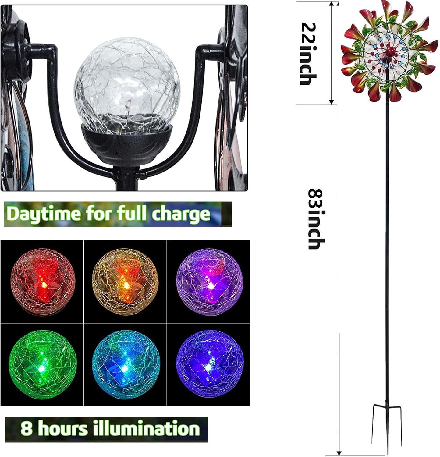 83in Metal Windmill Kinetic Wind Spinners Solar Powered Glass Ball with Kinetic Wind Spinner Large