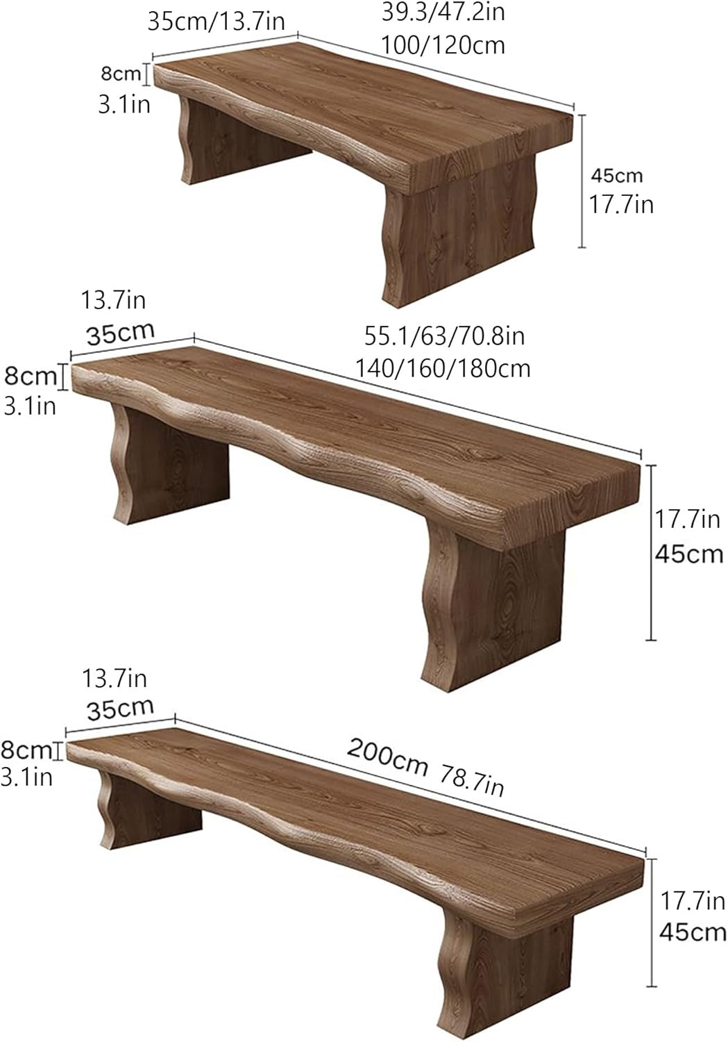 Farmhouse Indoor Solid Wood Living room Dining Bench, Asian Natural Wood Kitchen Entryway Bench, hallway bench for bedroom end of bed, Natural edge narrow bench, for Shoe bench, TV cabinet(120x35x45cm