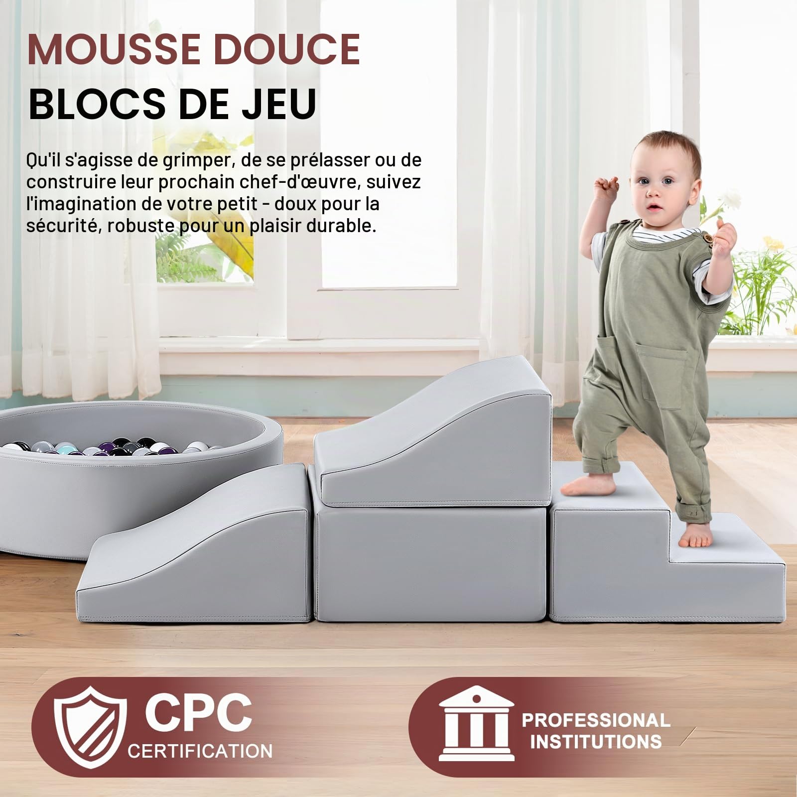 Lot de 5 jouets d'intérieur en cuir synthétique pour bébé avec piscine à balles (sans balles) - Jeu de blocs de construction en mousse - Convient pour les tout-petits - Jouet d'escalade et de ramper