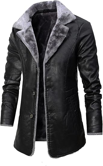 QWENTMTNTY Mens Faux Fur Lined Leather Jackets Winter Shearling Sherpa Jacket Notched Lapel Casual Warm Trench Coat Overcoat