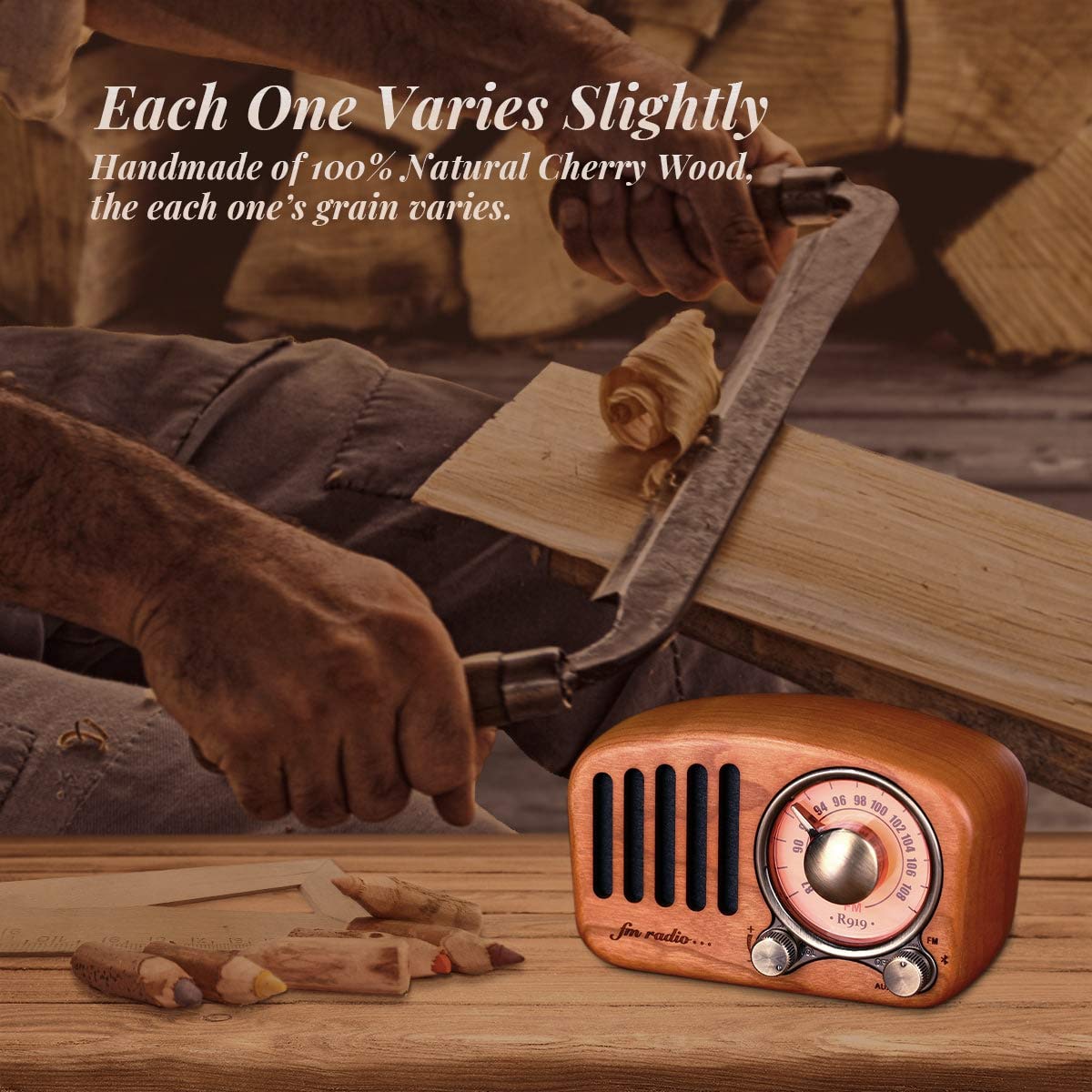 PRUNUS J-919 Radio Transistor FM SD MP3 Bluetooth de Formato de Madera Retro-Clásico, con Altavoz, función AUX, Sintonizador Circular de 270º y indicador de sintonía. (Madera de Cereza)