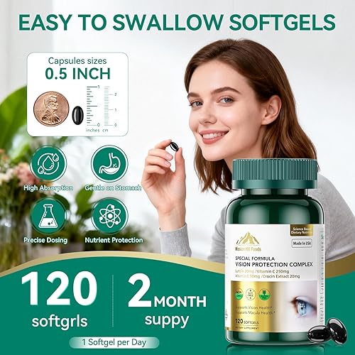 Miniatura 5 de Suplementos de luteína y zeaxantina - Complejo de protección visual 6 en 1 con luteína de 20 mg, zeaxantina, astaxantina, Crocina, vitamina C y E,