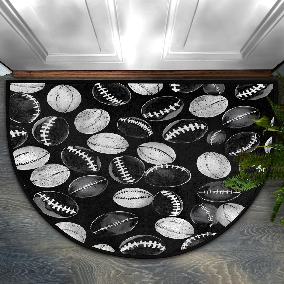 Black White Footballs Half Round Door Mat Half Circle Area Rug Doormat Non-Slip Half Moon Rug for Indoor Outdoor Kitchen Home Decor