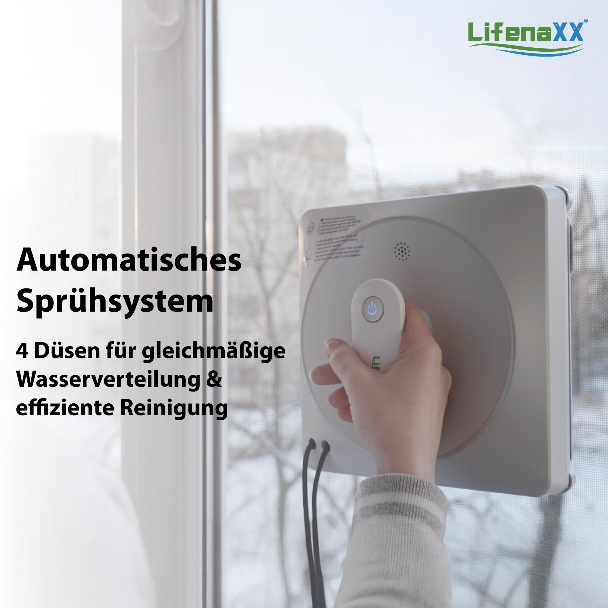 Lifenaxx Fensterreinigungsroboter LX-047, elektrischer Fensterreiniger mit 2 Sprühdüsen, hohe Saugkraft, großer 70-ml-Wassertank, Fernbedienung – ideal für Fenster, Fliesen, Spiegel