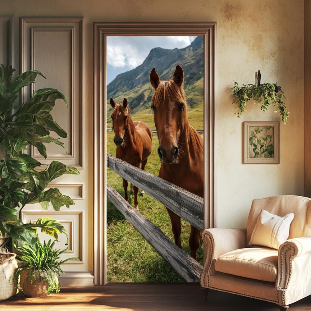 arricraft 2 Pcs 3D Self-Adhesive Door Sticker, 31.5"x78.7" Natural Horse Pasture Wooden Fences Decorations Door Murals Stickers PVC Removable Wallpaper Decoration for Bedrooms ​Living Room