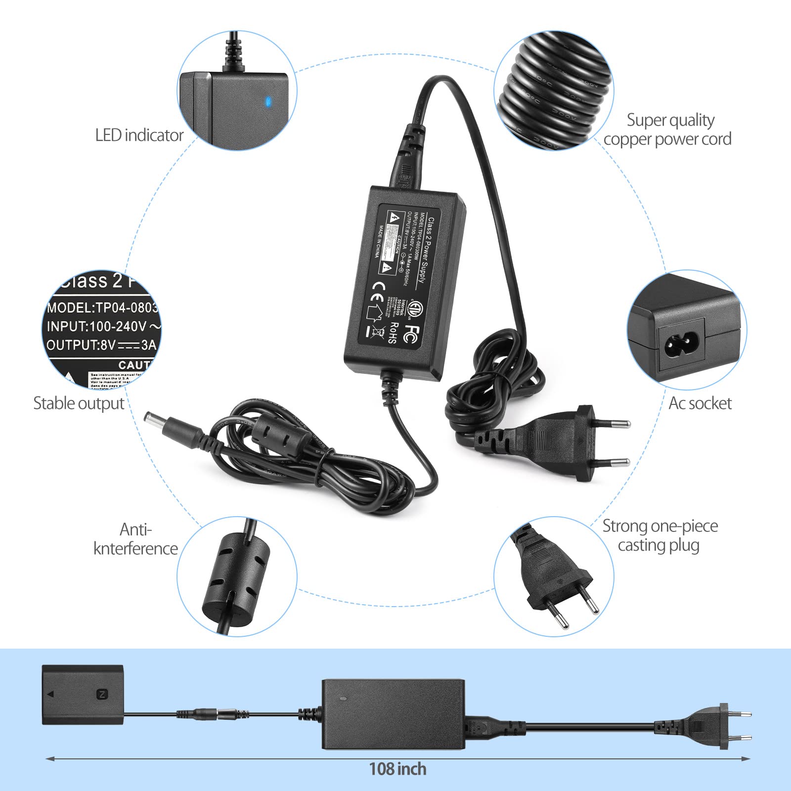 ENEGON NP-FZ100 Dummy Battery AC-FZ100 DC Coupler Adapter Kit Compatible with Sony A6600, A7C, A7III, A7RIII, A7RIV, A9, A9R, A9S, Alpha 9, Alpha 9R, Alpha 9S, Digital Camera