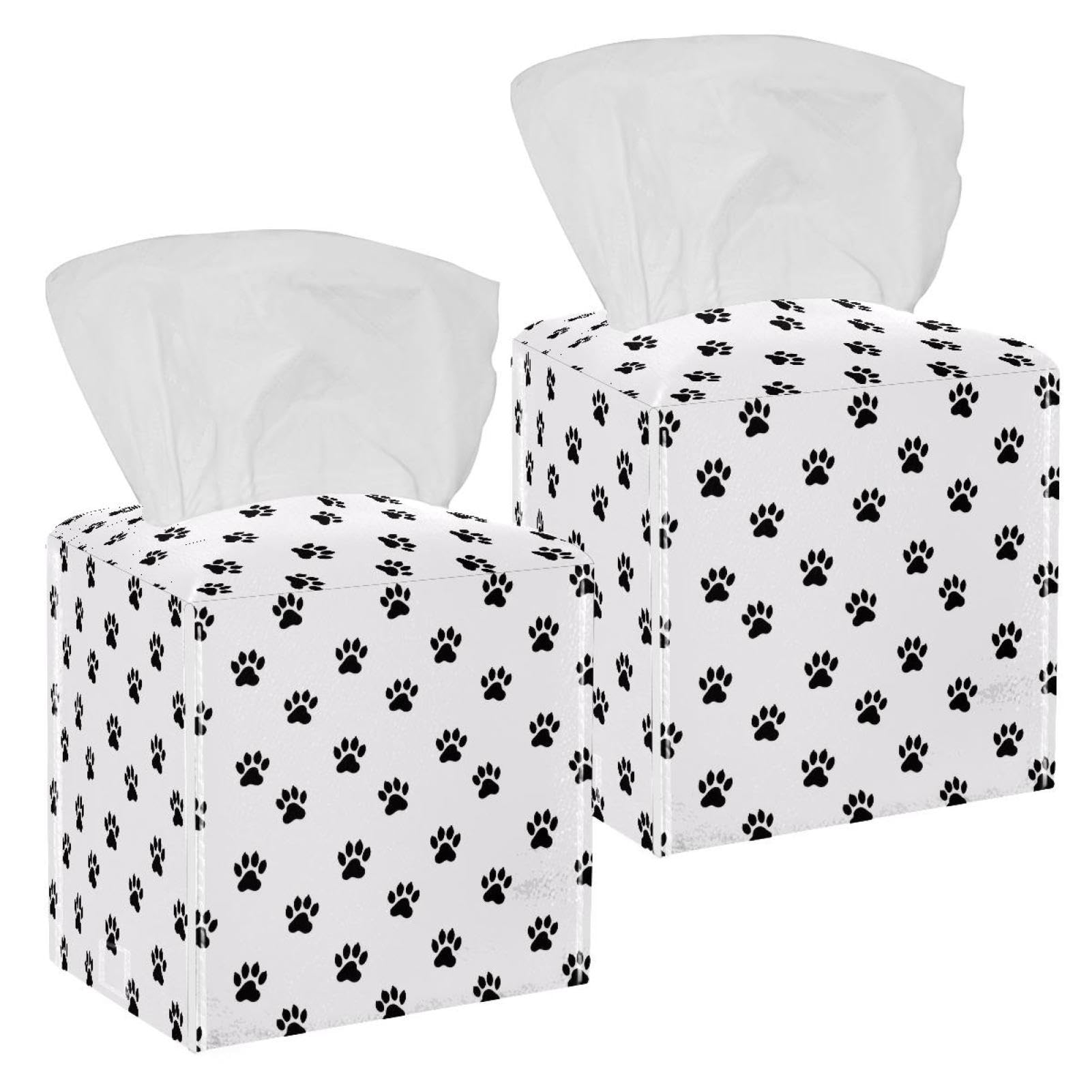 Dog Paws Tissue Box Cover, 2 Pack PU Leather Square Facial Tissue Dispenser Box holder for Home Office Car