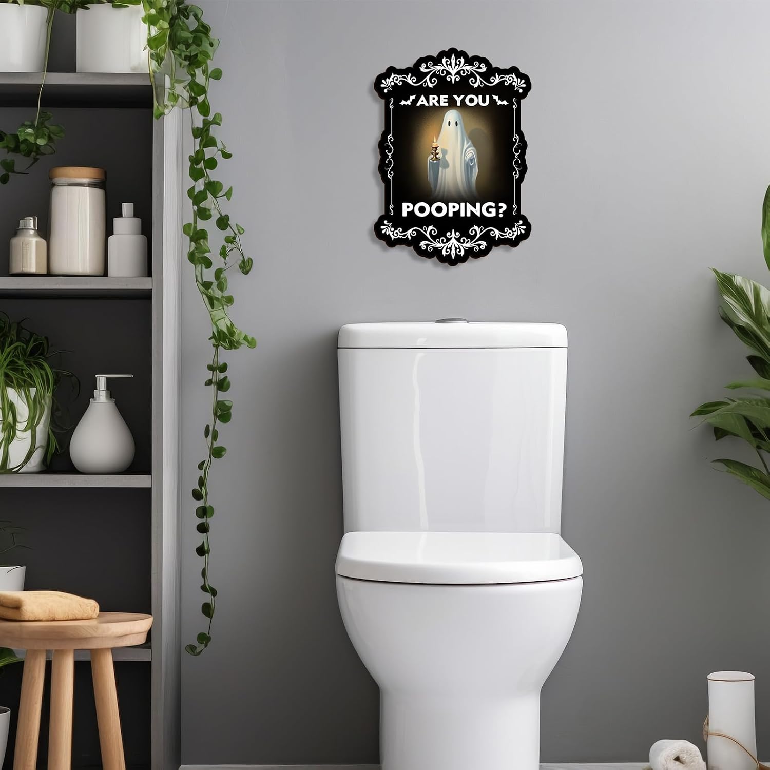 Funny Halloween Bathroom Decor Sign, Are You Pooping Ghost Wooden Hanging Sign, Funny Ghost Bathroom Wall Decor, Gothic Halloween Bathroom Decorations, Spooky Restroom Wall Art, Wood Plaque for Home Guest Bathroom, 7 x 7.8 Inch