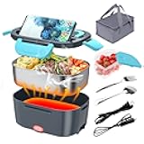 Electric Lunch Box, Food Warmer Heater 12V 24V 110V, 80W Faster Heated Lunch Box for Car/Truck/Home Portable Heating Boxes with 1.5L 304 SS Container Fork & Spoon