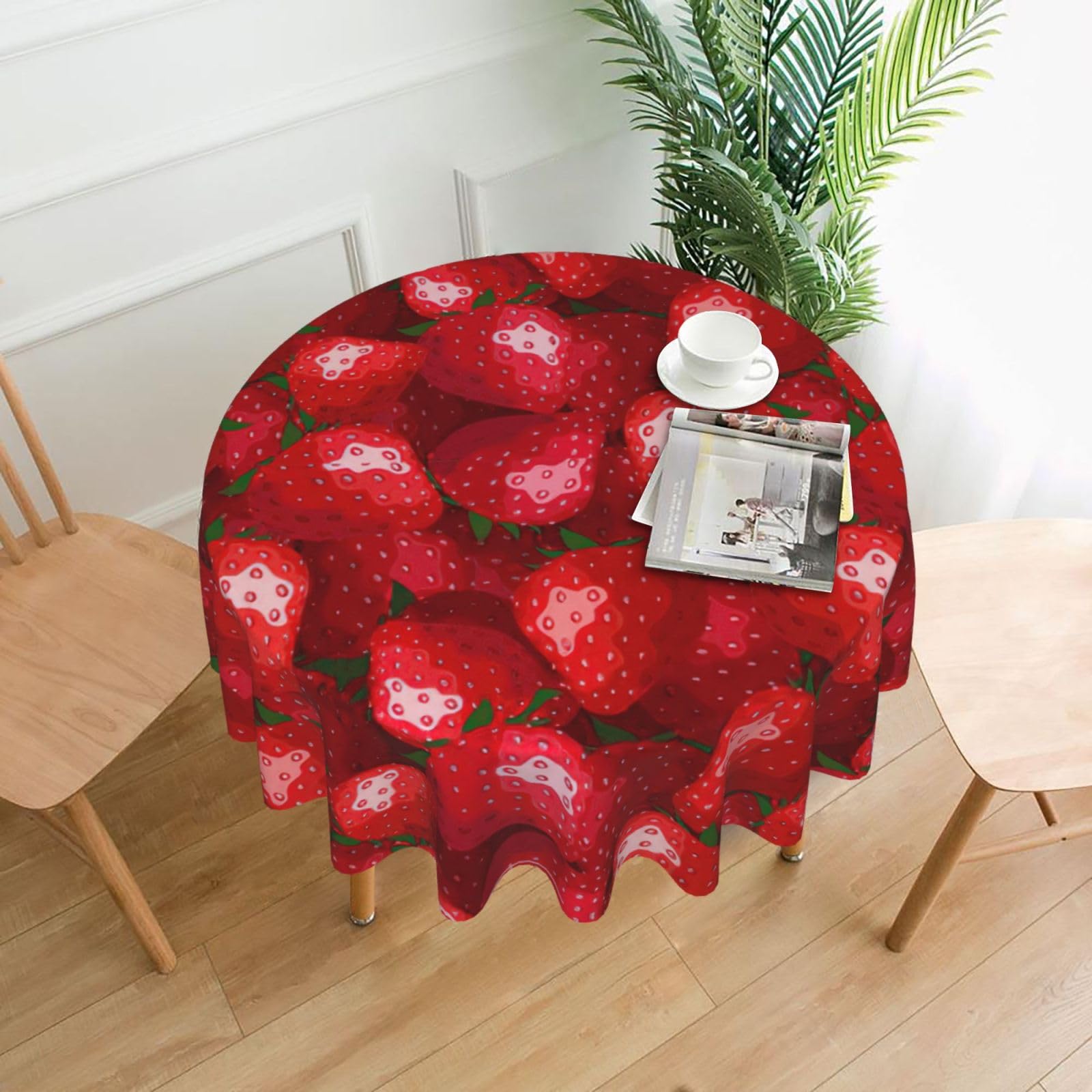 Uusnwaa Red Strawberry Print Round Tablecloth 60 Inch, Stain Wrinkle Resistant Washable Polyester Table Cover For Kitchen Party