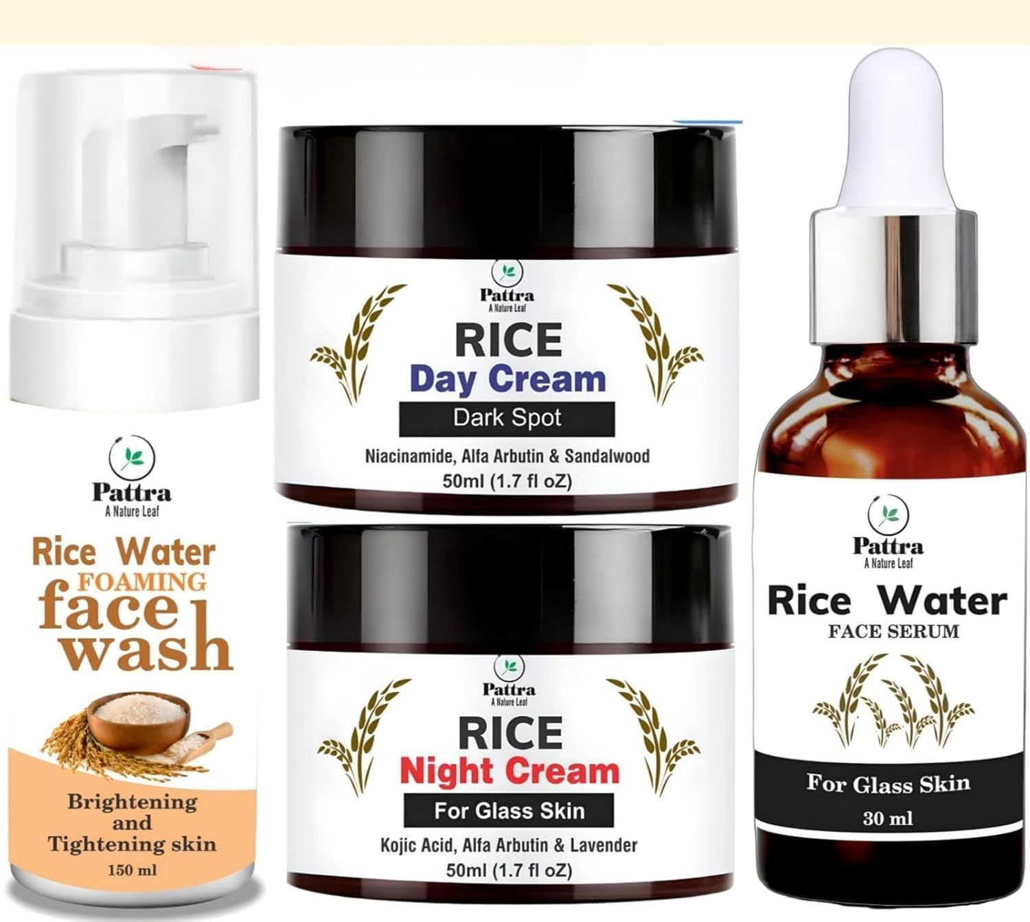 Generic BEMT Rice Water Skincare Combo – Face Serum, Foaming Face Wash & Day Night Cream with Rice Extract | Hydrating & Bright-Looking Skin Care Set (Pack of 3)