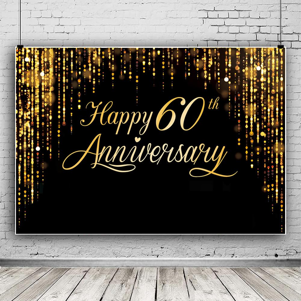 IIILUYOT Happy 60th Annverisary Background Decorations Black Gold Backdrop Banner, Large Black Gold Photography Background Suitable for Wedding