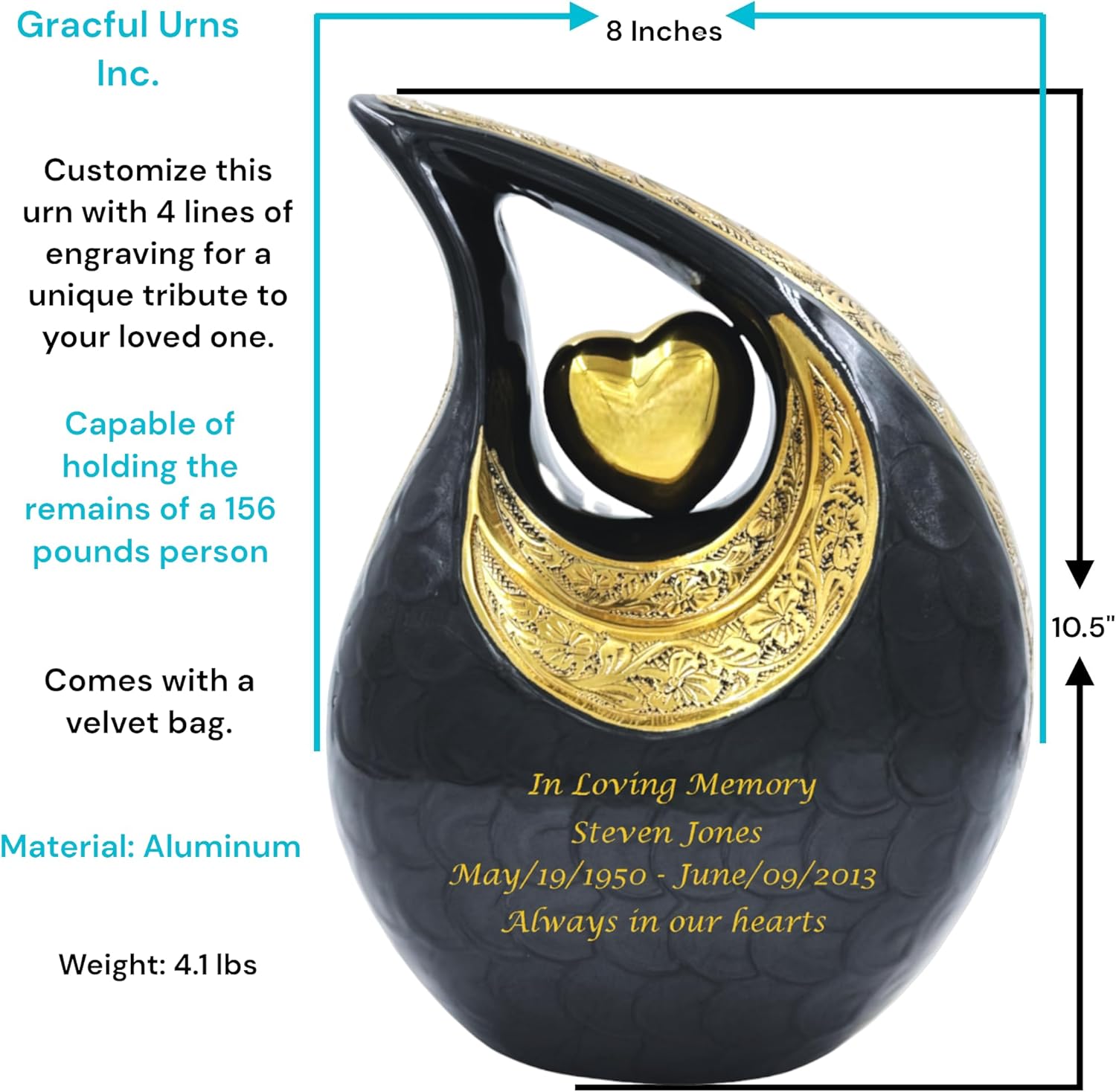 Black Personalized Teardrop Cremation Urn for Adults – Elegant Memorial Urn with Engraving – Includes Velvet Bag