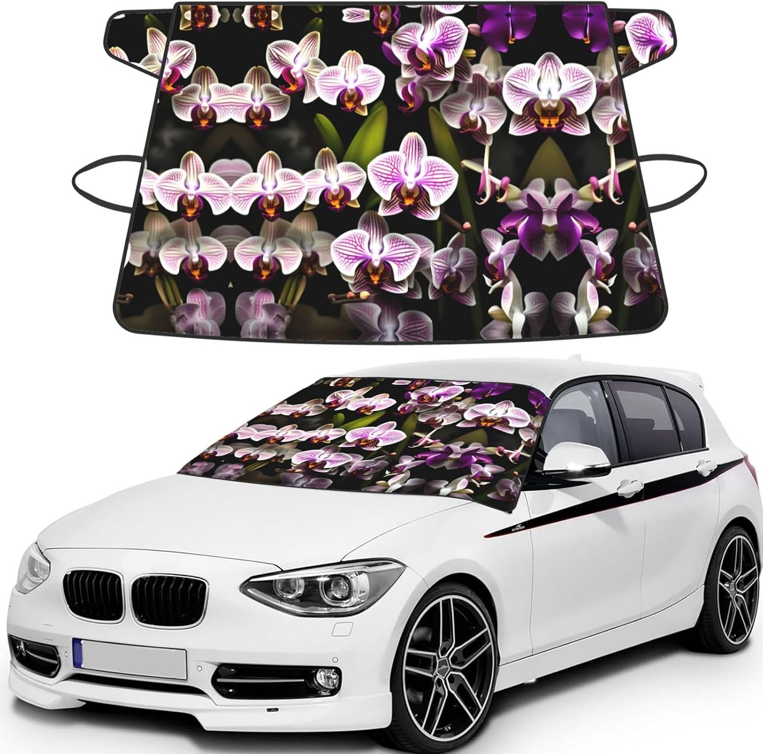 Orchids Print Car Cover for Snow All-Season Windshield Cover with Elastic Strap Fits Most Cars and Trucks