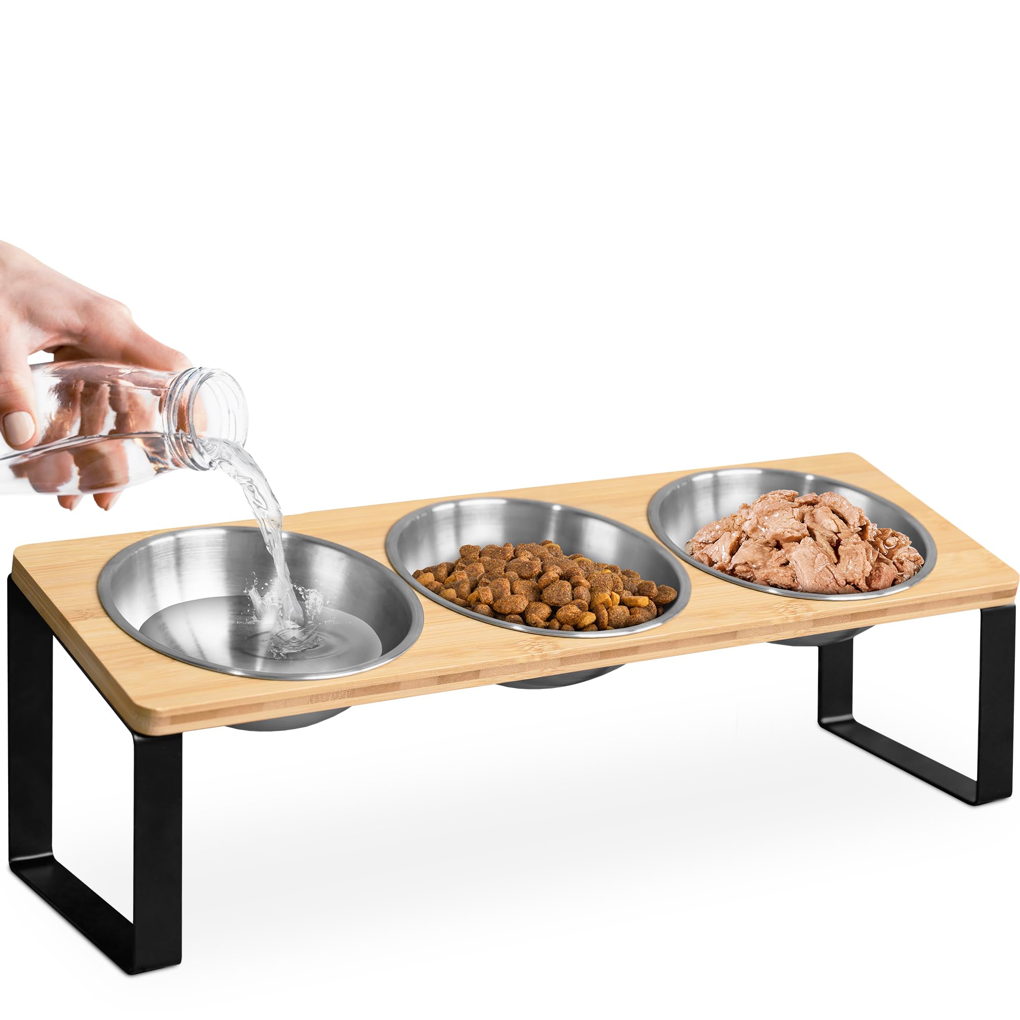 Raised cat Bowls for Indoor Cats by WinTruffles, Elevated cat Bowls, Tilted and Elevated Anti Vomiting Cat Dishes for Food and Water, Set of 3 Stainless Steel Bowl