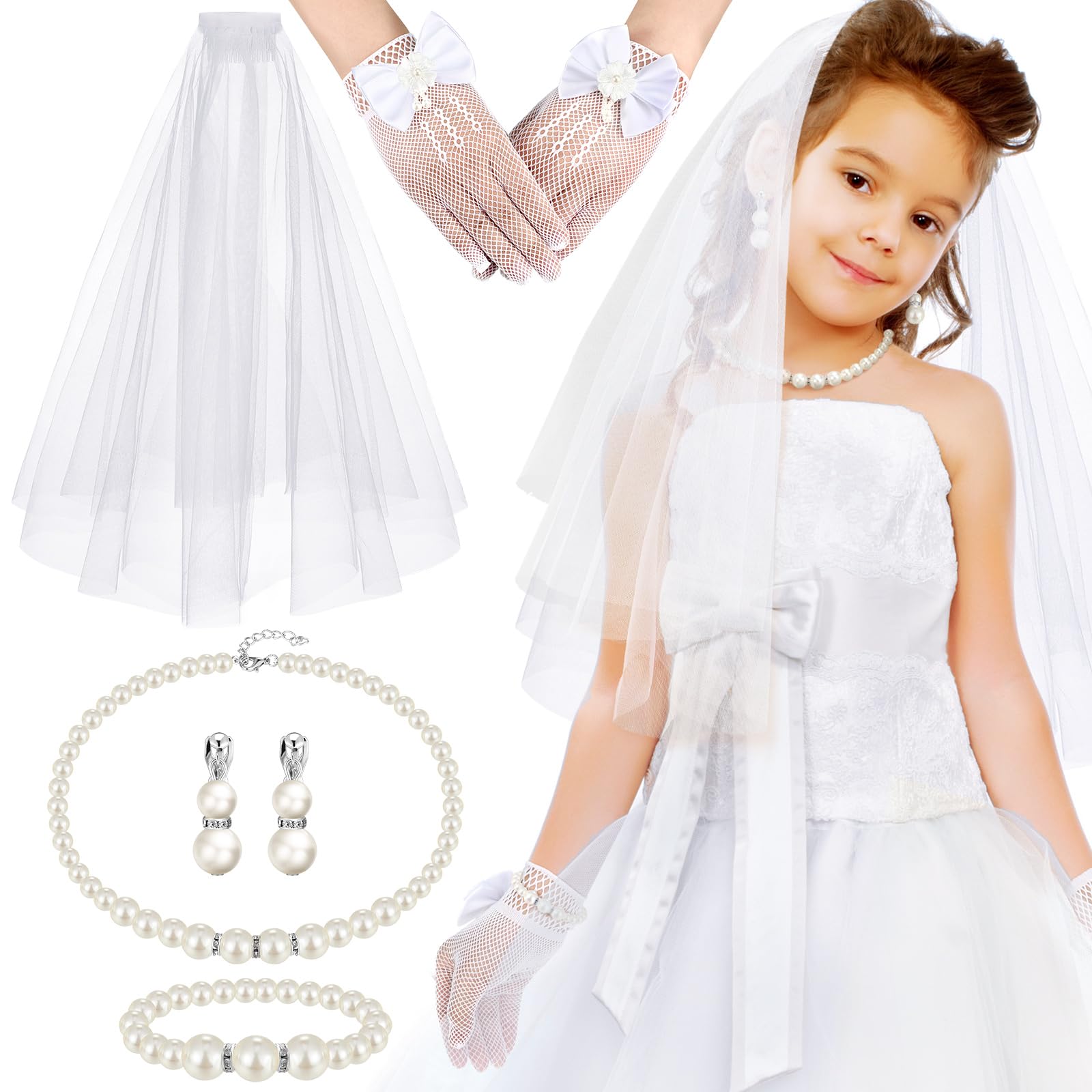 Bencailor 5pcs First Communion Costume Accessories Set Lace Gloves with Hair Comb Pearl Necklace Bracelet Earrings(Milk White Pearl,Classic)
