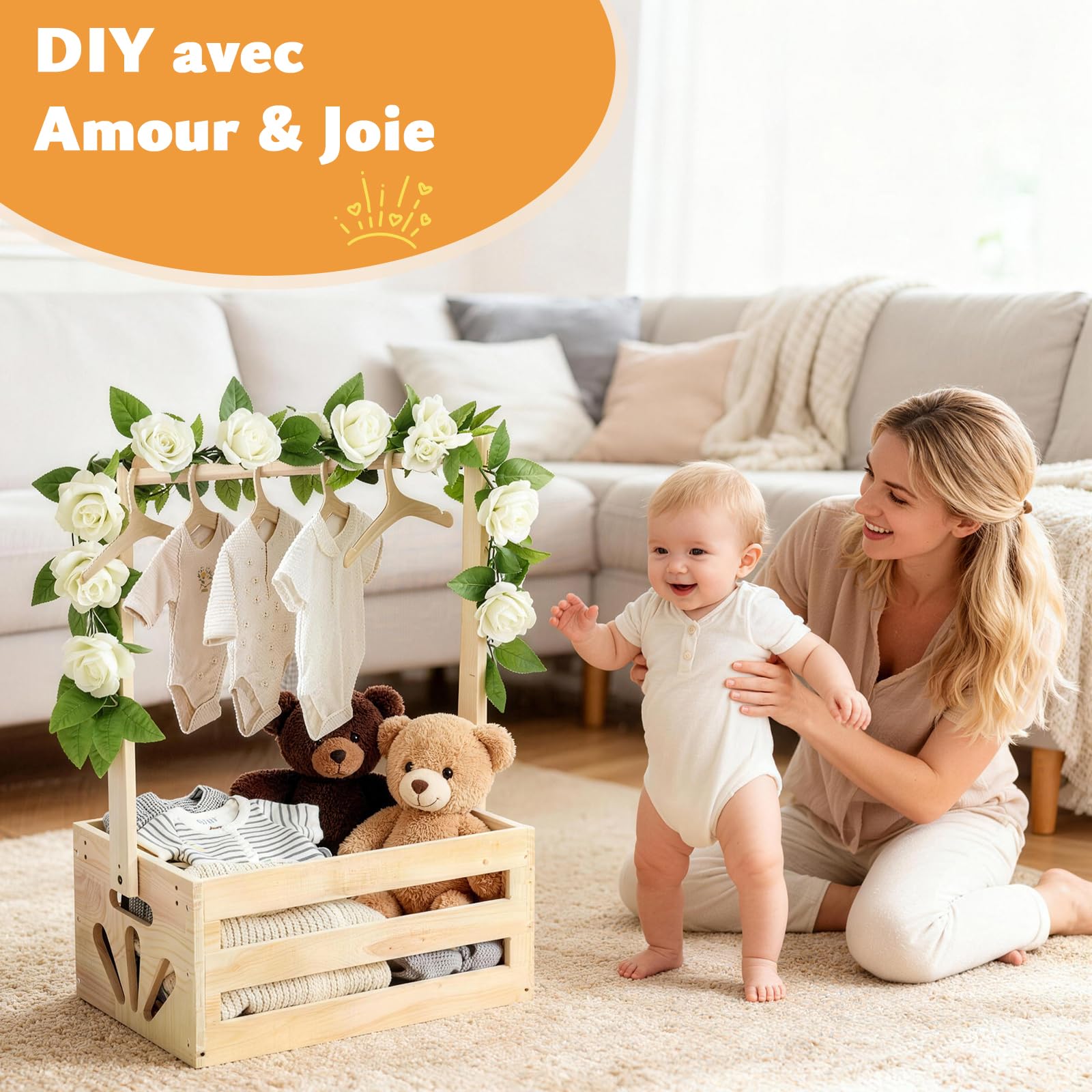 Cadeau Baby Shower avec Panier en Bois | Panier de Rangement Pratique pour Bébé avec 6 Cintres en Bois et Guirlande Florale Artificielle | Ensemble Cadeau pour Baby Shower et Fête de Naissance