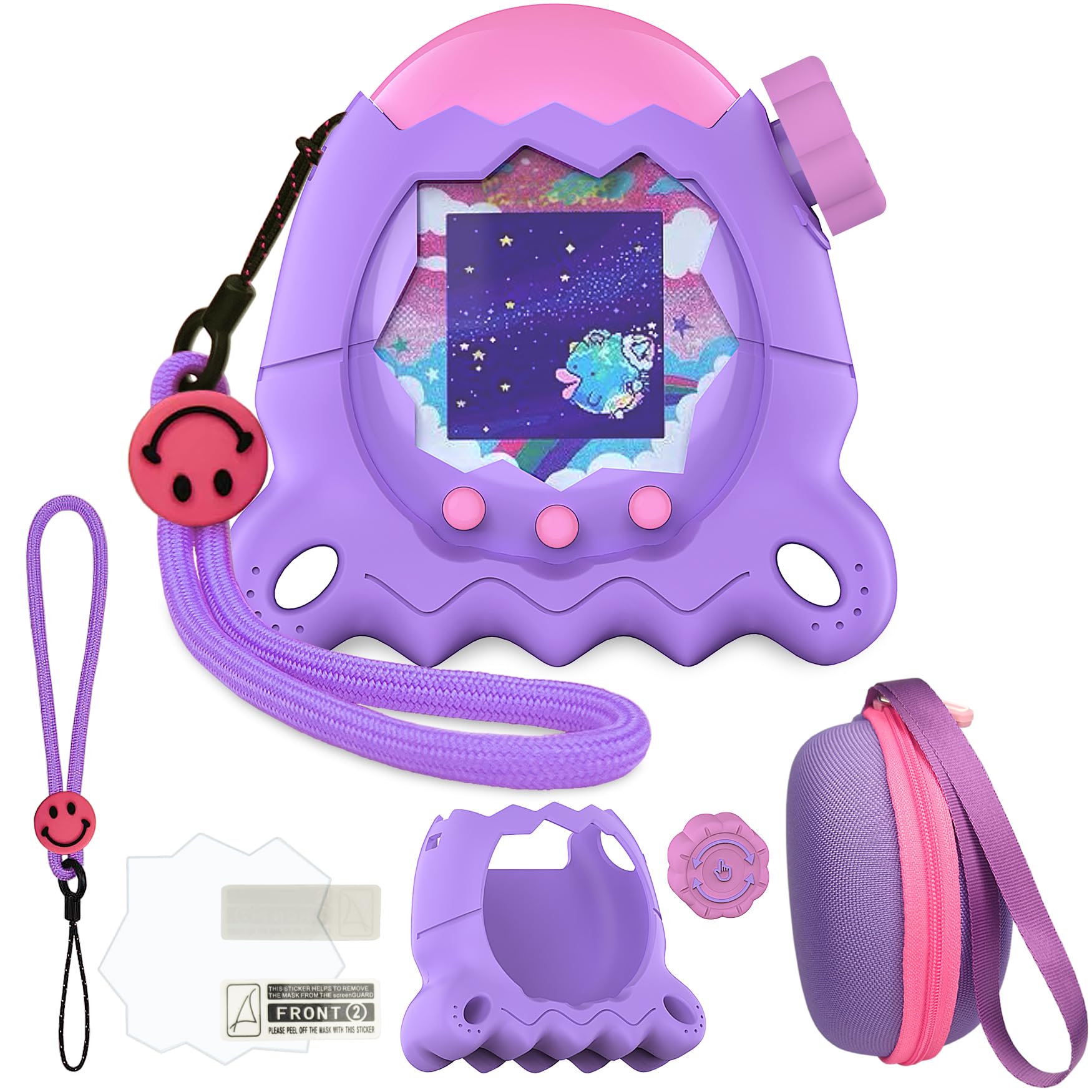 JCHPINE Protective Cases for Tamagotchi Paradise Electronic Pet, Hard Case and Silicone Cover for Tamagotchi Paradise Pet with Screen Protector and Lanyard (Purple)