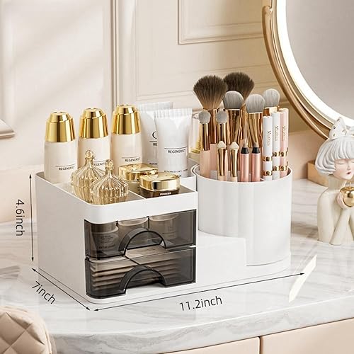 Miniatura 3 de Organizador de maquillaje para tocador con 2 cajones, soporte giratorio para brochas de maquillaje, soporte organizador de baño, vitrina de