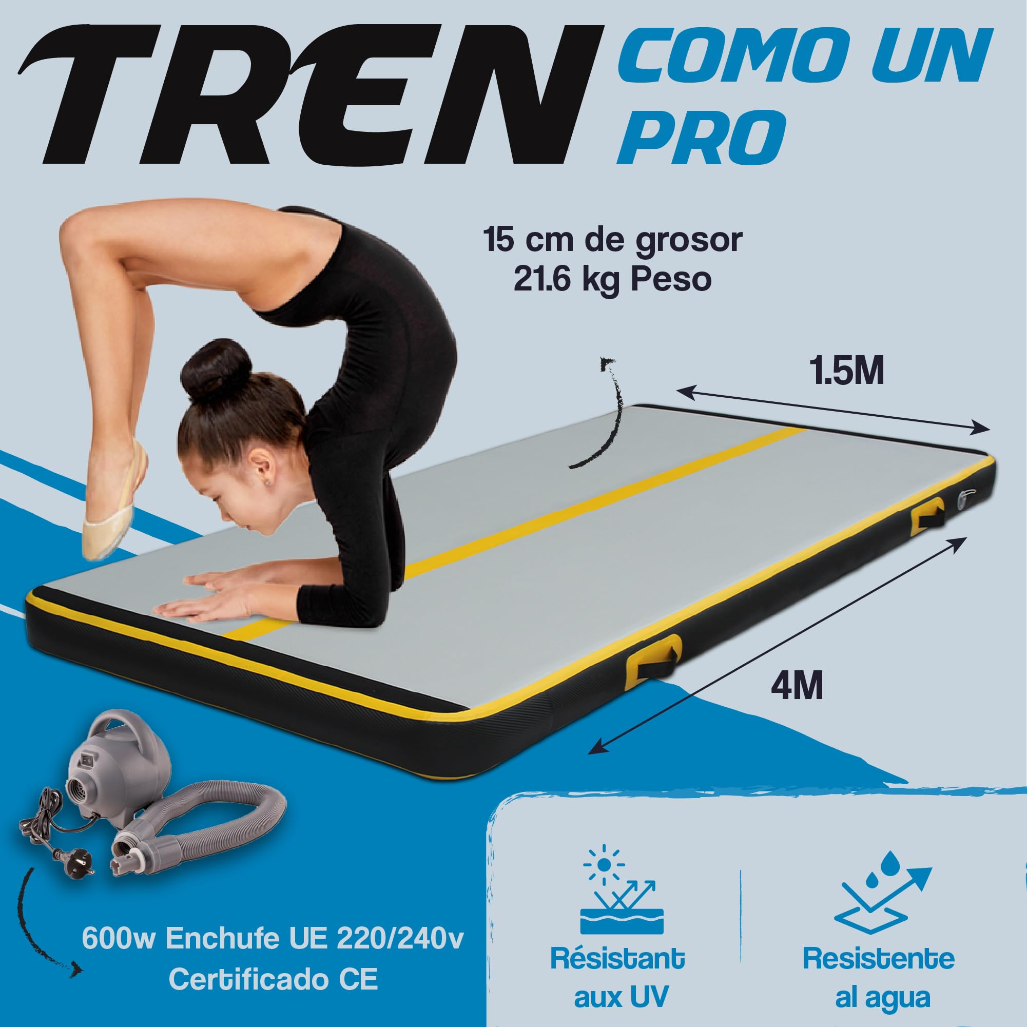 AirTrack Nordic Carbon Air Track Tumble Track 3-8m con bomba de aire eléctrica, colchoneta de gimnasia inflable para el hogar - 1,5m de ancho y 15cm de grosor, colchoneta de gimnasia
