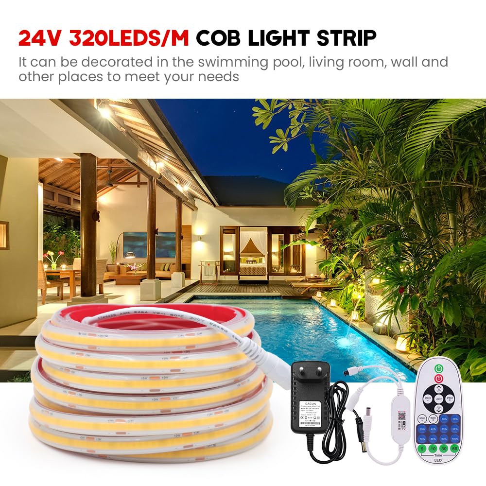 24V Dimmbar COB LED Streifen,10M 320LEDs/m Superhell Flexibler WIFI LED Lichtband CRI≥85 Warmweiß COB LED Band, Wasserdichte IP68 LED Lichterketten mit Netzteil für Aquarium, Schrankbeleuchtung