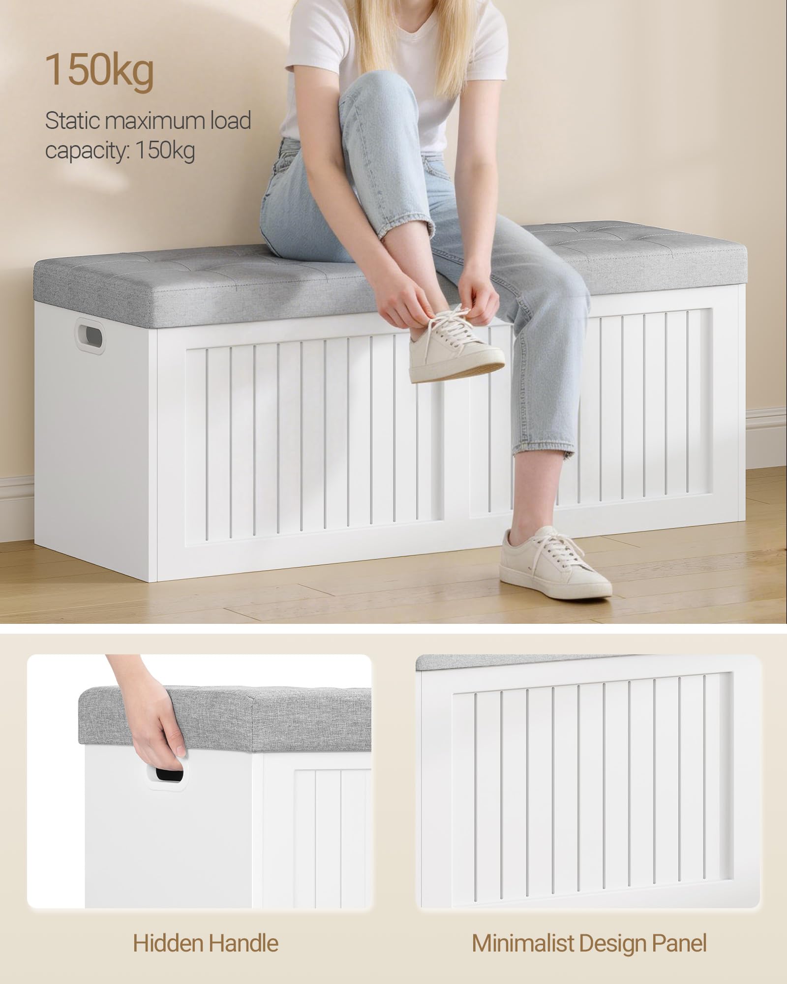 Hzuaneri Cassapanca contenitore da interno, Panca contenitore, Utilizzabile Come Portascarpe, con Cuscino in Lino, Adatta per Soggiorno, Ingresso e Atrio, 40 x 109 x 44,5cm, Bianco-Grigio SB01903GY