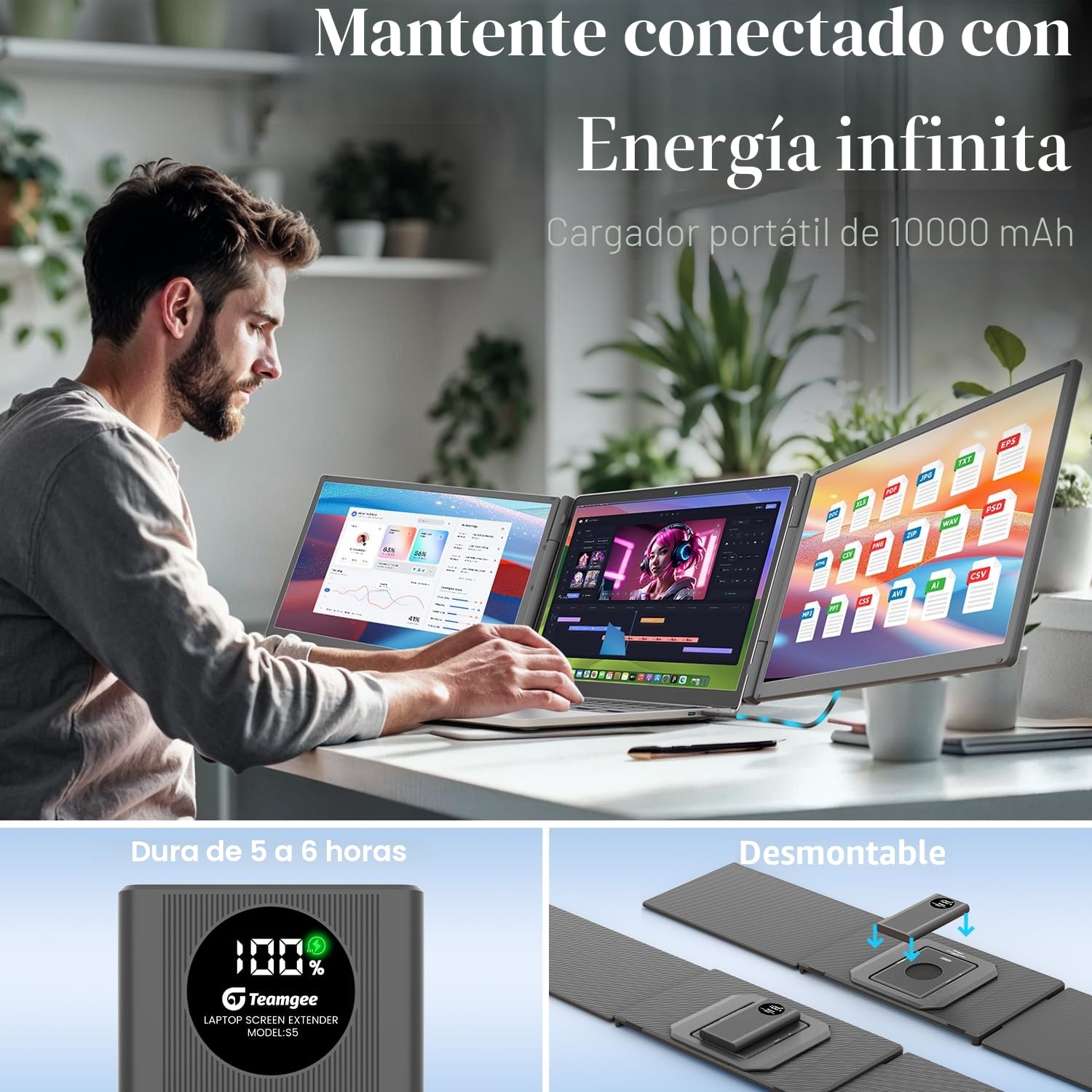 Teamgee Monitor Portátil Extensible 15,6" con Batería Externa, Plug & Play 1 Cable, Compatible con MacBook (M1-M4), Windows, Surface, ChromeBook, Ideal para Teletrabajo, Diseño, Negocios y Gaming