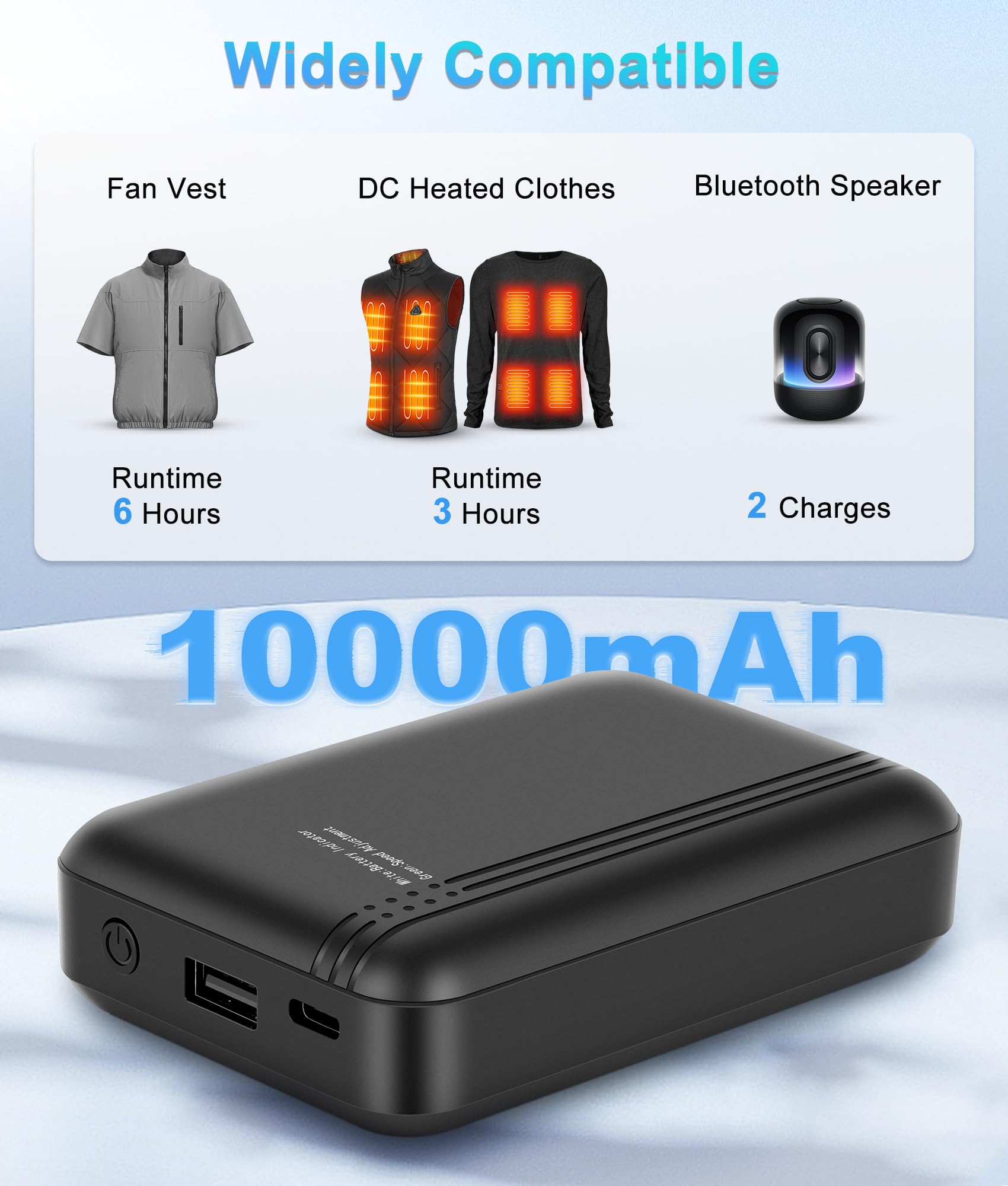 Batterie externe 10 000 mAh pour gilet thermique, batterie portable avec sortie USB 7,4 V CC et 5 V pour gilets chauffants et gilets de ventilation, 4 niveaux de vent réglables