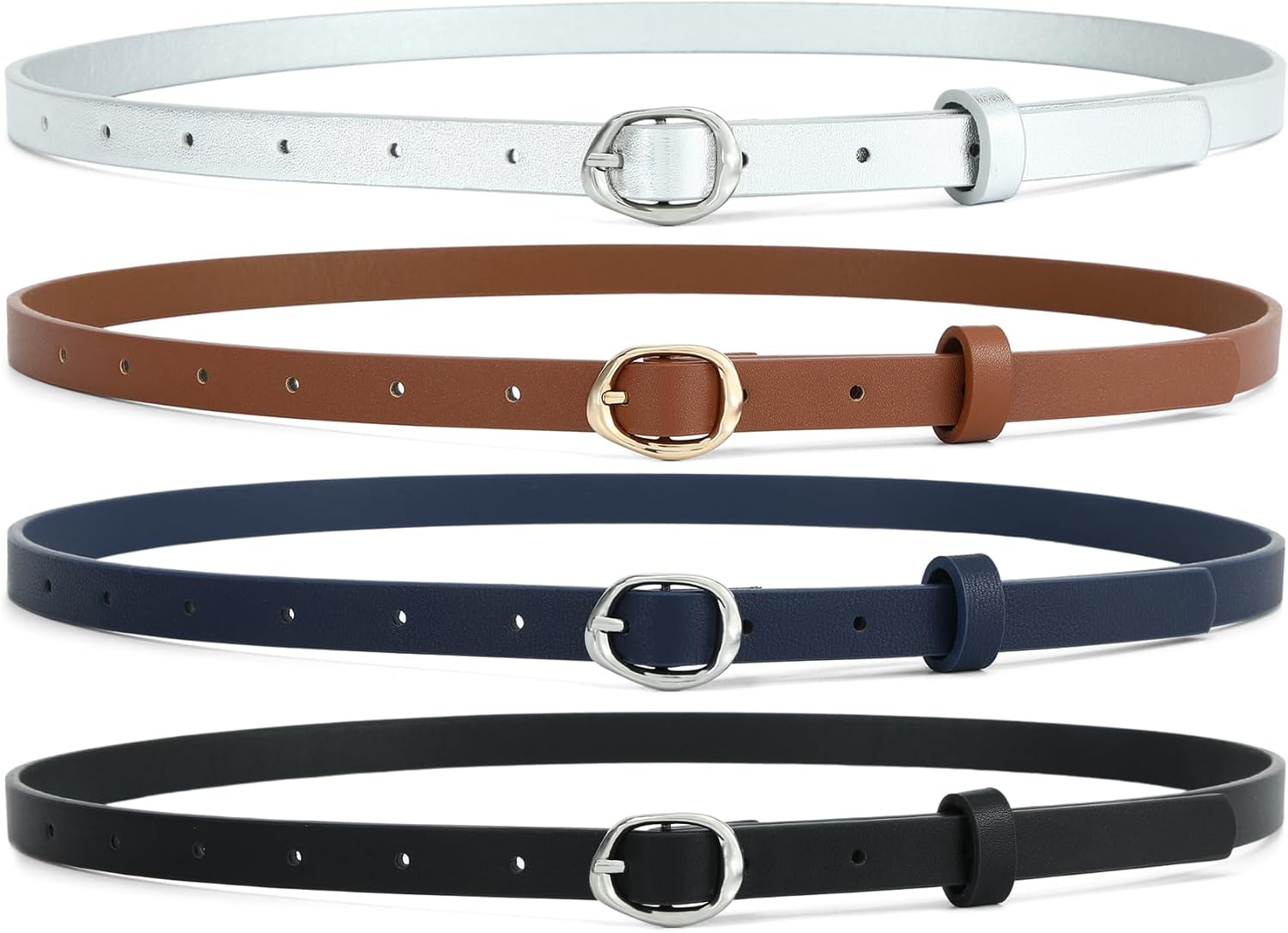 HOTWILL 4 Pack Women Skinny Belt Thin Waist Belts with Gold/Silver Buckle | 0.55 in Wide, Belt for Women Jeans Dress, Black Brown Khaki White Faux Leather, Fashion Daily Outfits Accessories