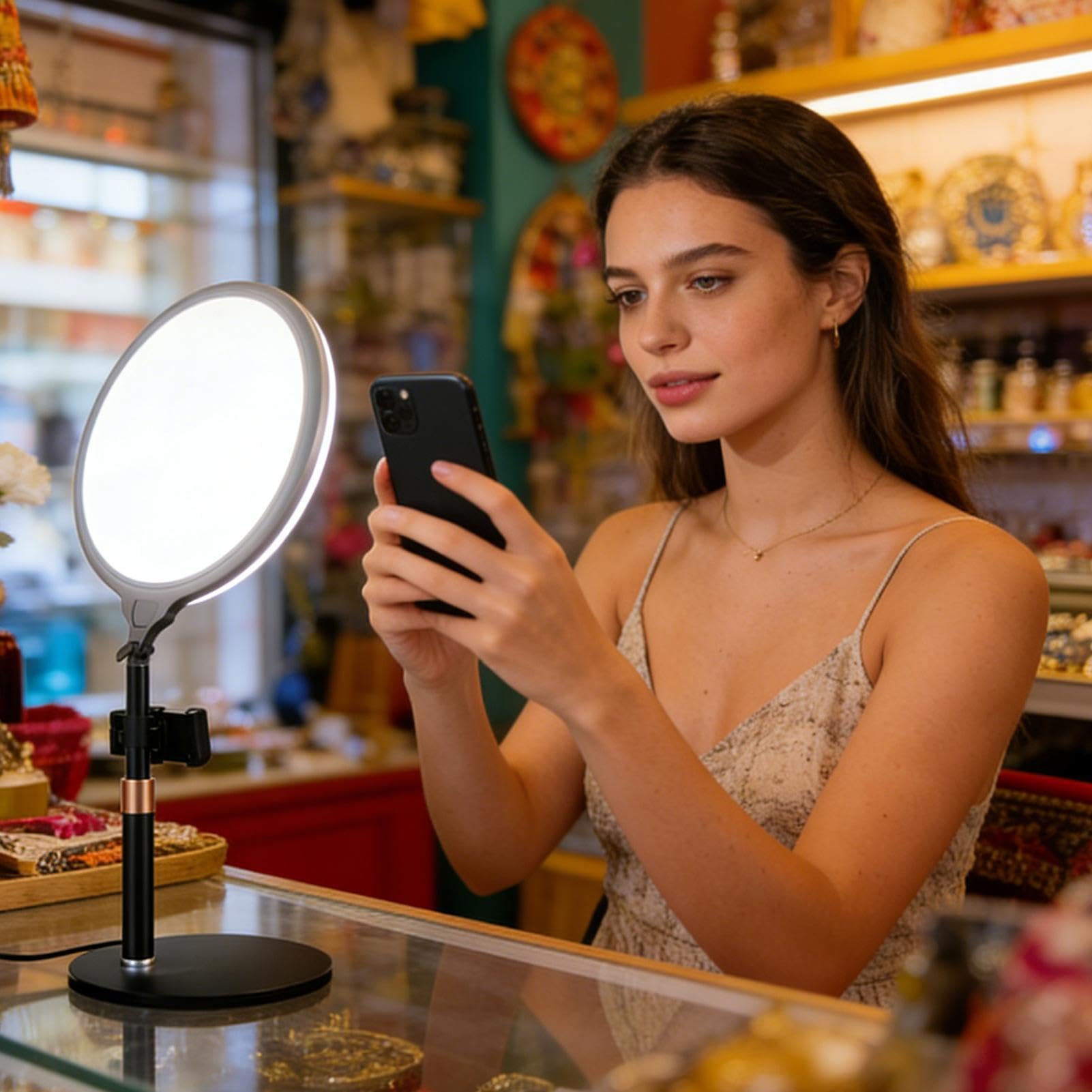 Luce ad Anello con Supporto LED Regolabile Con Portatelefono | Supporto Da Scrivania Per Luce Ad Anello E Telefono Riunioni, Live Streaming, Videochiamate, Podcast, Vlog, Trucco