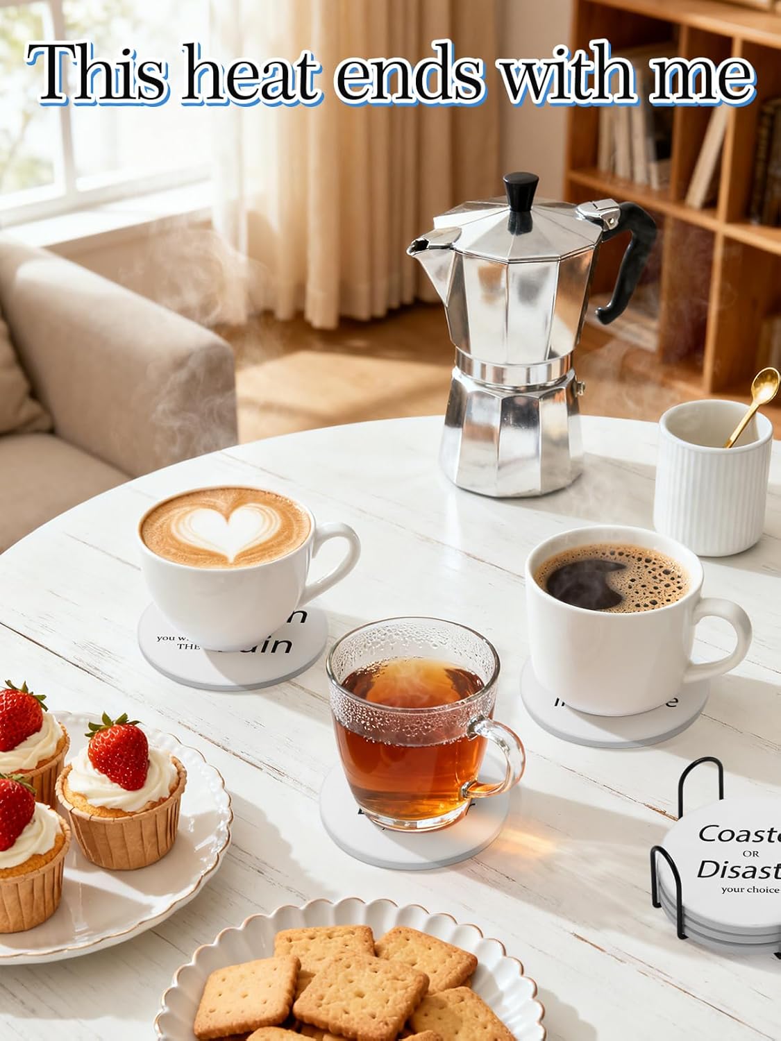 Heat Resistant Coasters House Warming Gifts - Set of 6 Non Slip Ceramic Funny Coasters for Hot Drinks with Holder, New Home Housewarming Gift Ideas, 4in White - Image 6