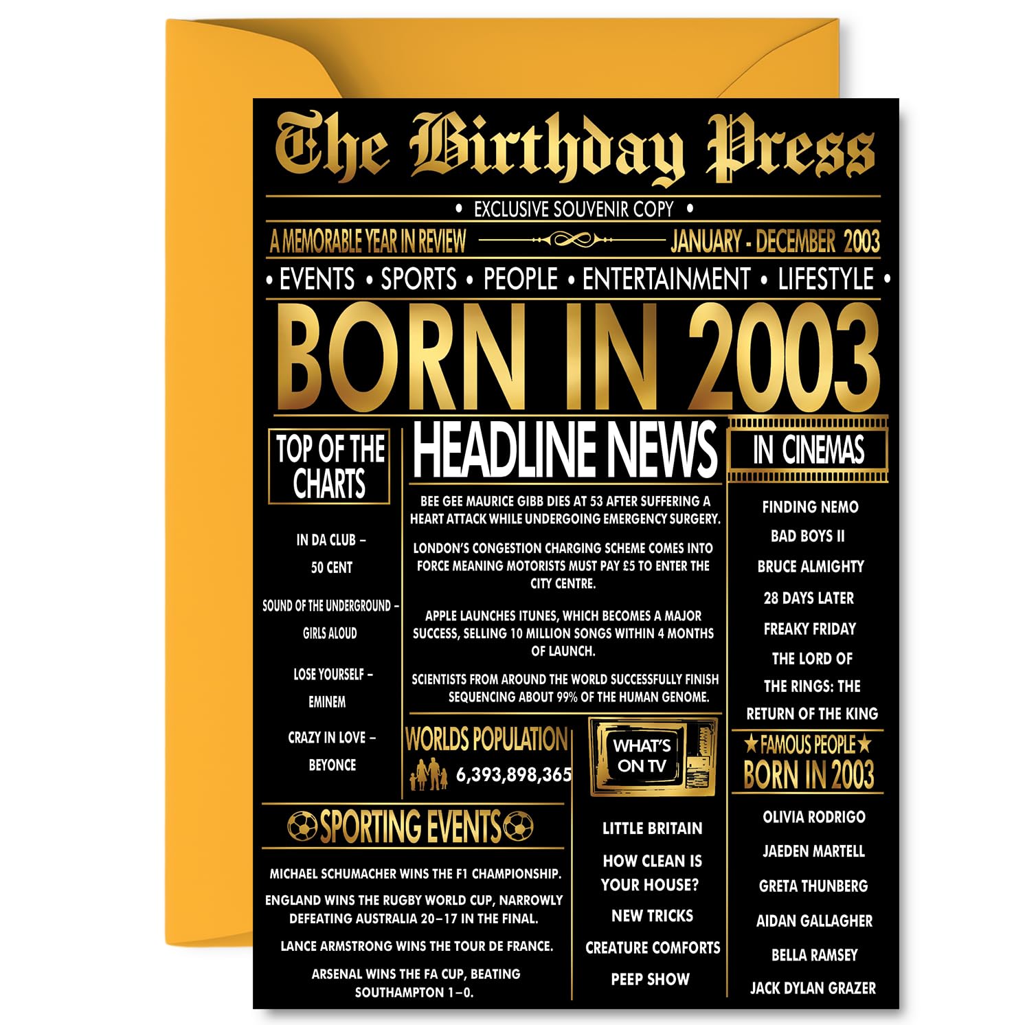 Gold 23rd Birthday Card for Men Women - Black & Golden Newspaper Born in 2003 - Happy 23 Birthday Cards for Sister Grandson Niece Cousin Brother Friend, A5 Bday Greeting Cards