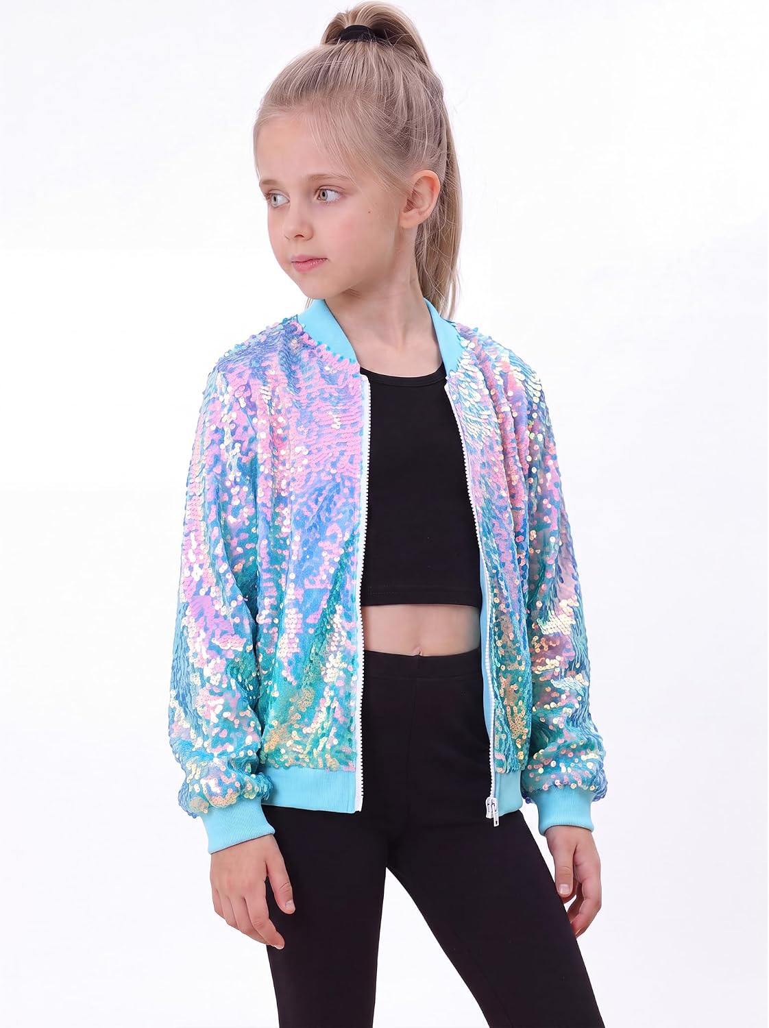 Gnainach Sequin Jacket for Girls Long Sleeve Zipper Bomber Coat 6-12Y | Shimmering sequin bomber jacket with soft lining, smooth zipper, dual pockets for parties, dance, and daily sparkle.