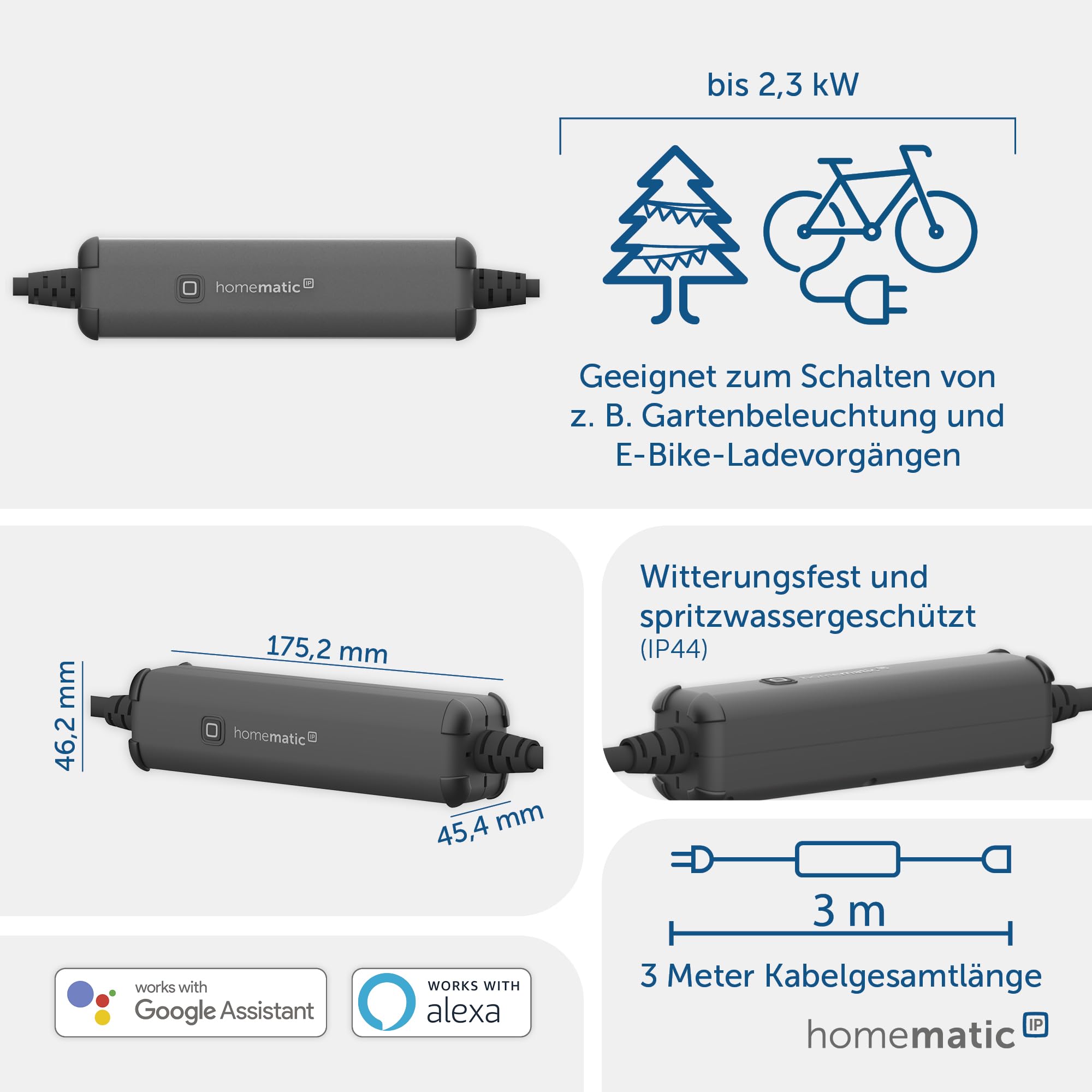 Homematic IP Inteligentny kabel pomiarowy – na zewnątrz, steruje oświetleniem ogrodowym, lampami i urządzeniami smart za pomocą aplikacji, Alexa i Google Assistant, do użytku na zewnątrz, IP44,