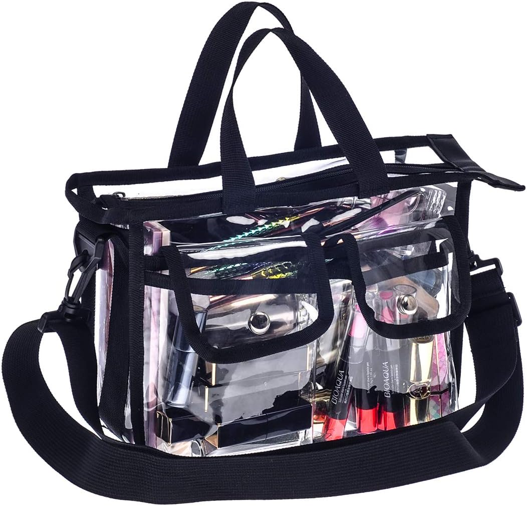 Medium Clear PVC Makeup Artist Set Bag Transparent Cosmetic Storage Bag Travel Make up Kits Organizer MUA Bag Stadium Approved Clear Tote Bag with Removable Shoulder Strap