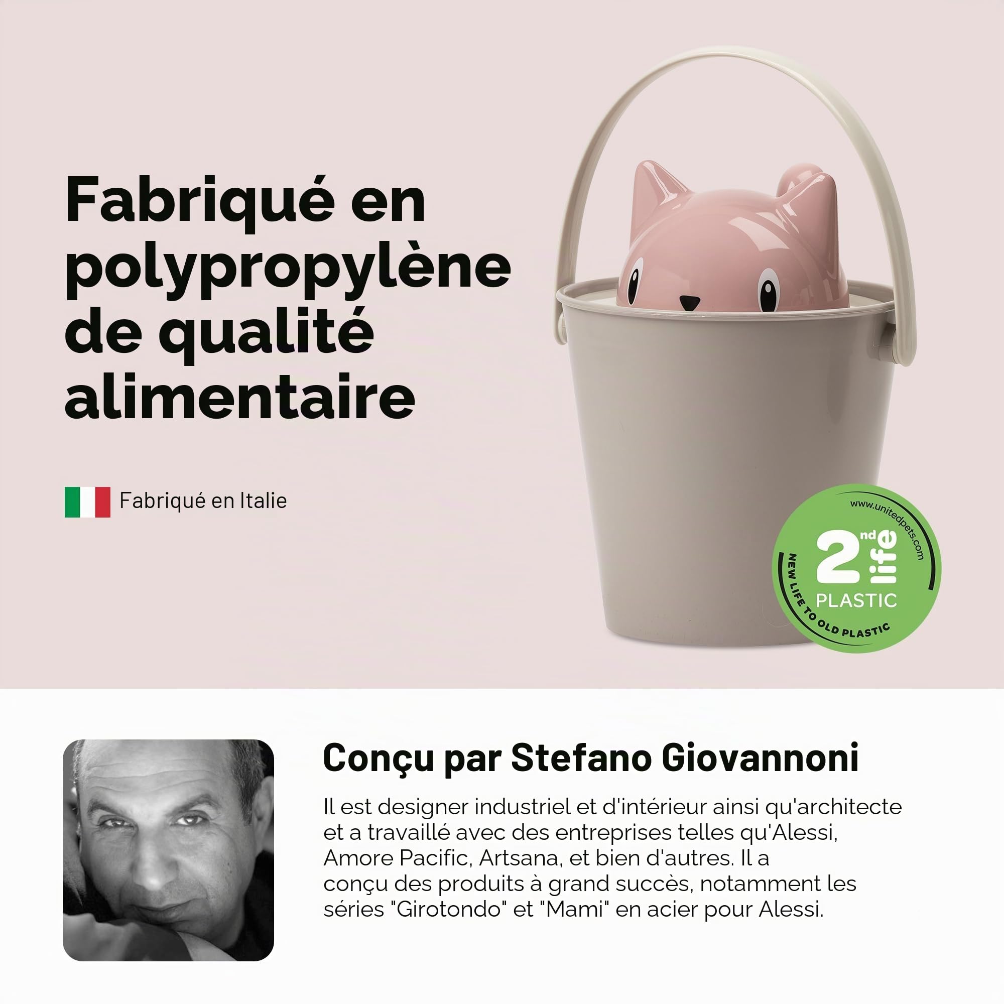 United Pets Crick - Seau à Croquettes pour Les Chats, fabriquè en Italie, cuillère-Mesure Incluse. Couleur: Rose/Gris. Designer: Giovannoni