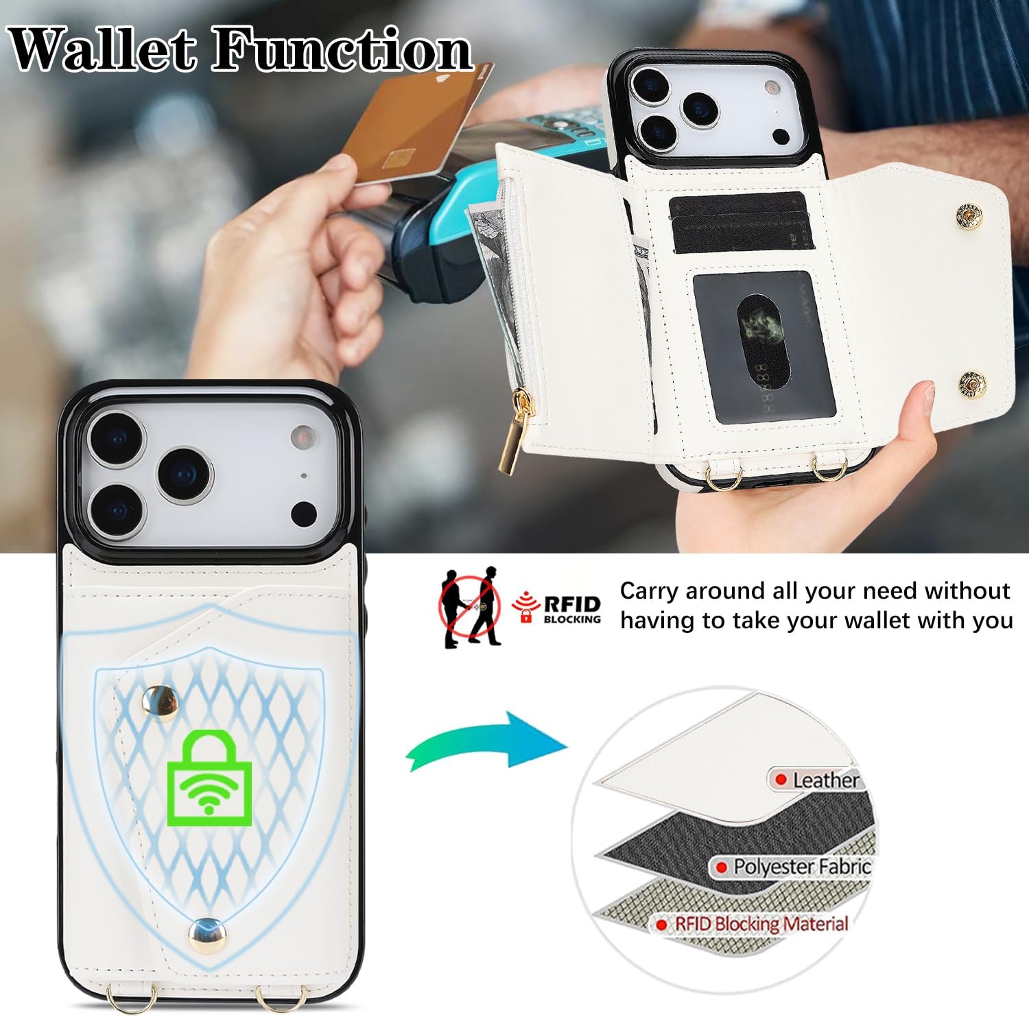 LUVI Compatible with iPhone 17 Pro Max Wallet Case with Lanyard Card Holder Crossbody Neck Strap Wrist Strap with Credit Card PU Leather Flip Purse Cover for Women White - Image 6