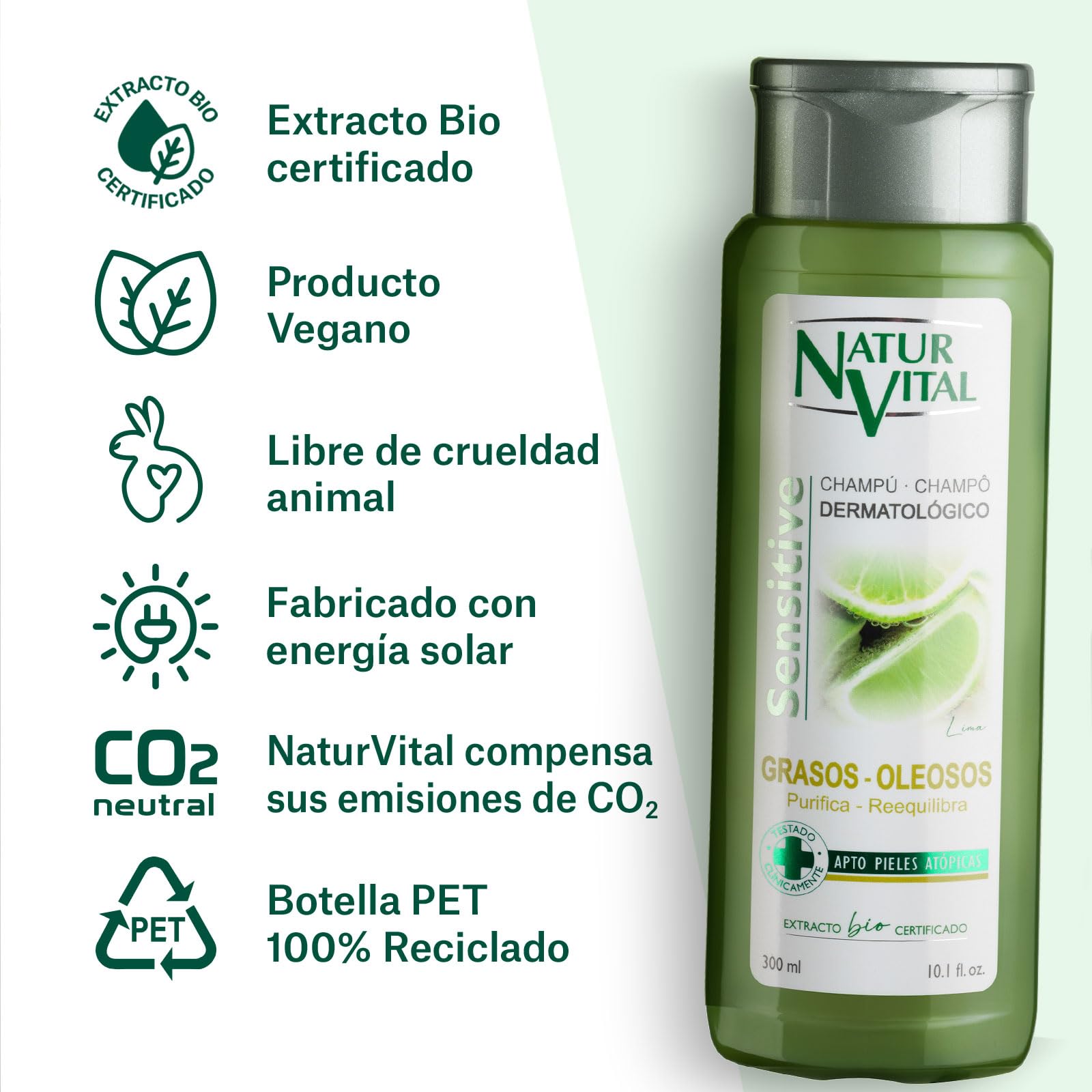 NaturVital - Champú Sensitive, Sin Parabenos ni Siliconas, Champú Natural para Pelo Graso, Dermatológico para Piel Atópica y Cuero Cabelludo Sensible, 300ml