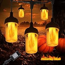 Flickering Flame String Lights for Halloween Decor Outdoor, 23Ft LED for Outside, Plug-in Garden, Connectable Backyard 10 Lantern &amp; Hooks Decorative Cafe Bistro Patio