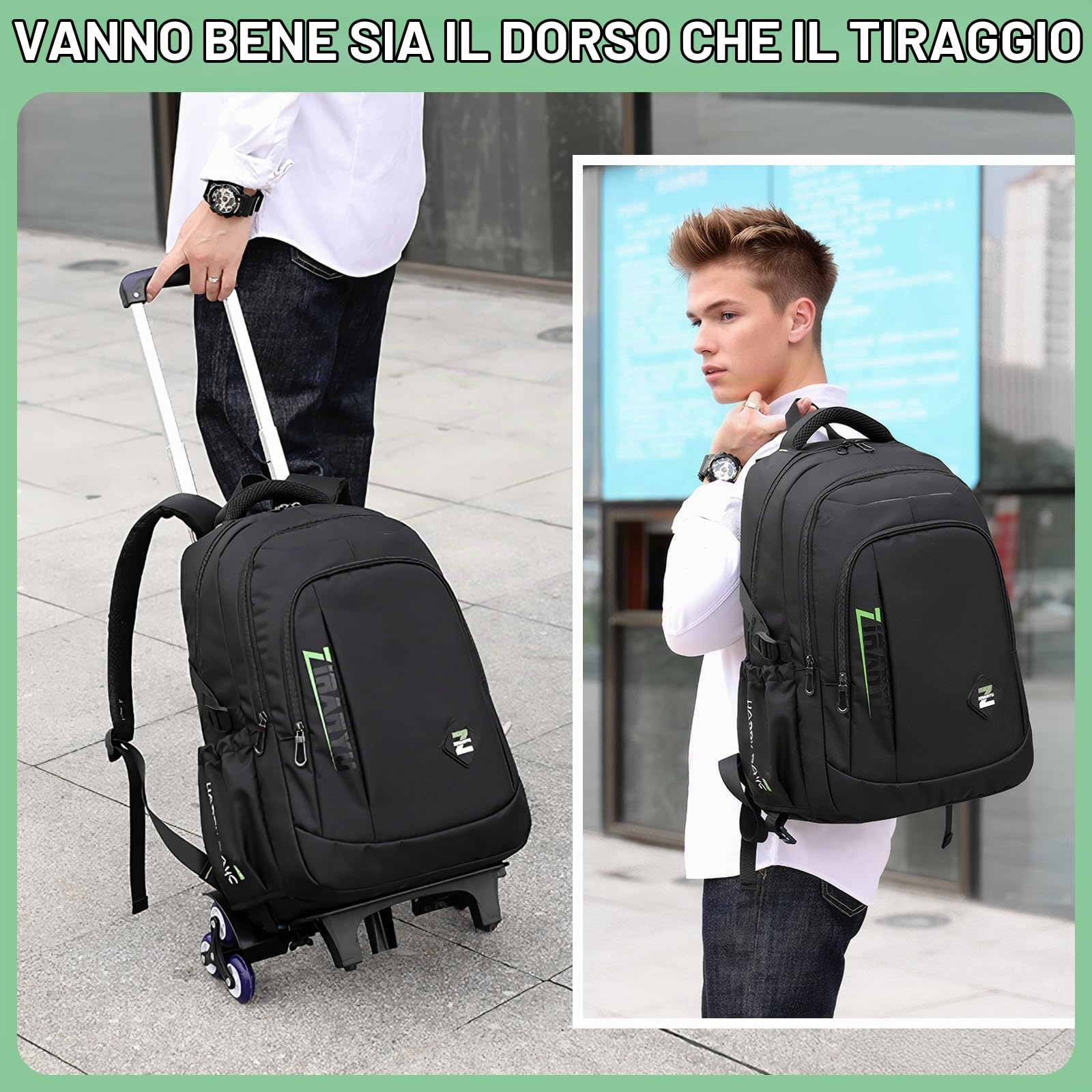Amythe Zainetto per Ragazzo con Ruote, 30L Zaino Trolley Scuola Media e Superiore Leggero, Zaini Porta pc 15.6 Pollici Uomo con Carrello, Adatto per il Tempo Libero e i Viaggi, Nero