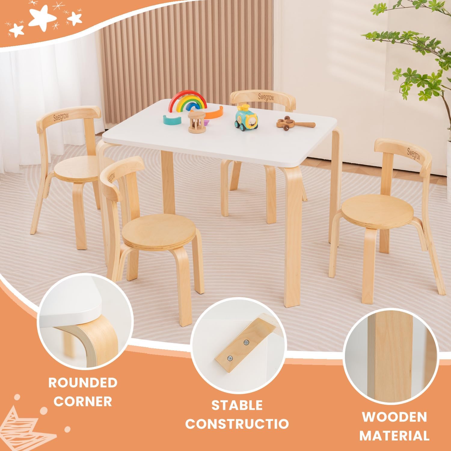 Swegrow Kids Table and 4 Chairs Set, Wooden Table and Chairs for Kids & Toddler，Kid Wooden Furniture for Playroom/Home/Kindergarten