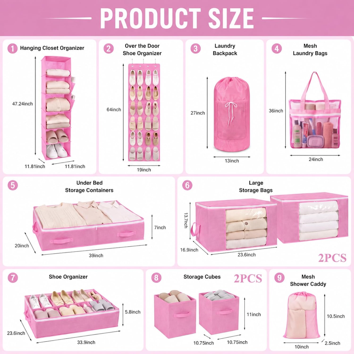 Briwooody 11 Pcs College Dorm Storage Set, Dorm Organizer Kit with Closet Organizer, Over Door Shoe Rack, Under Bed Storage Bags, Laundry Backpack, Shower Caddy, Collapsible Bins(Pink)