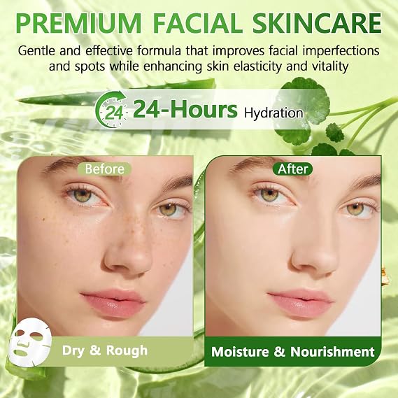 12 Pack Aloe Vera Sheet Face Masks, Hydrating Skincare Set for Dry & Sensitive Skin, Moisturizing & Soothing Facial Sheet Masks, Skin Care Gift Set for Women