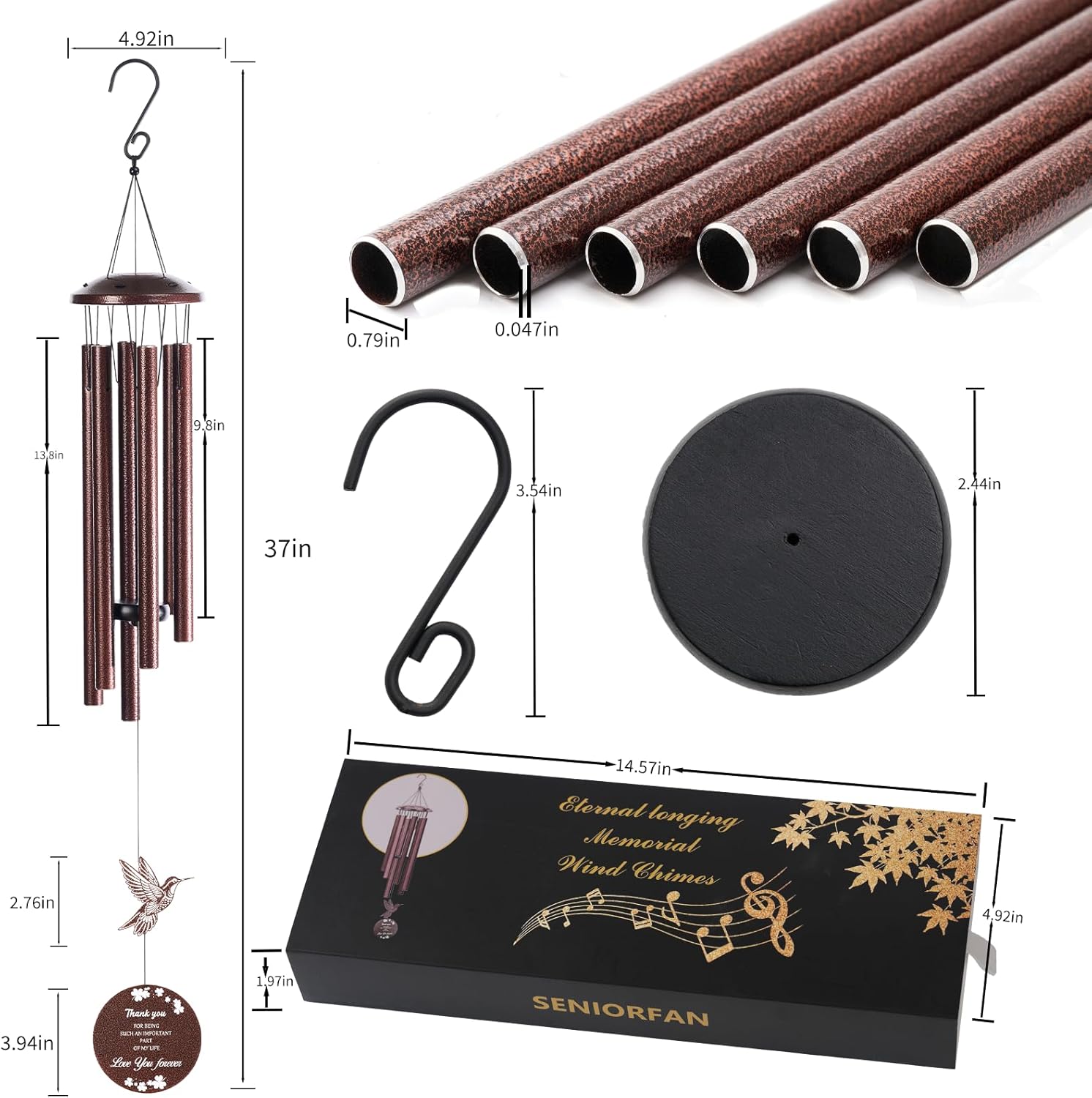 Outdoor Wind Chimes, 37 inch, Hummingbird Windchime, Suitable for Home Decoration, can be Used in Gardens, patios, Balconies, etc. Gift That Expresses Sympathy for Mothers, Grandmothers or Friends.