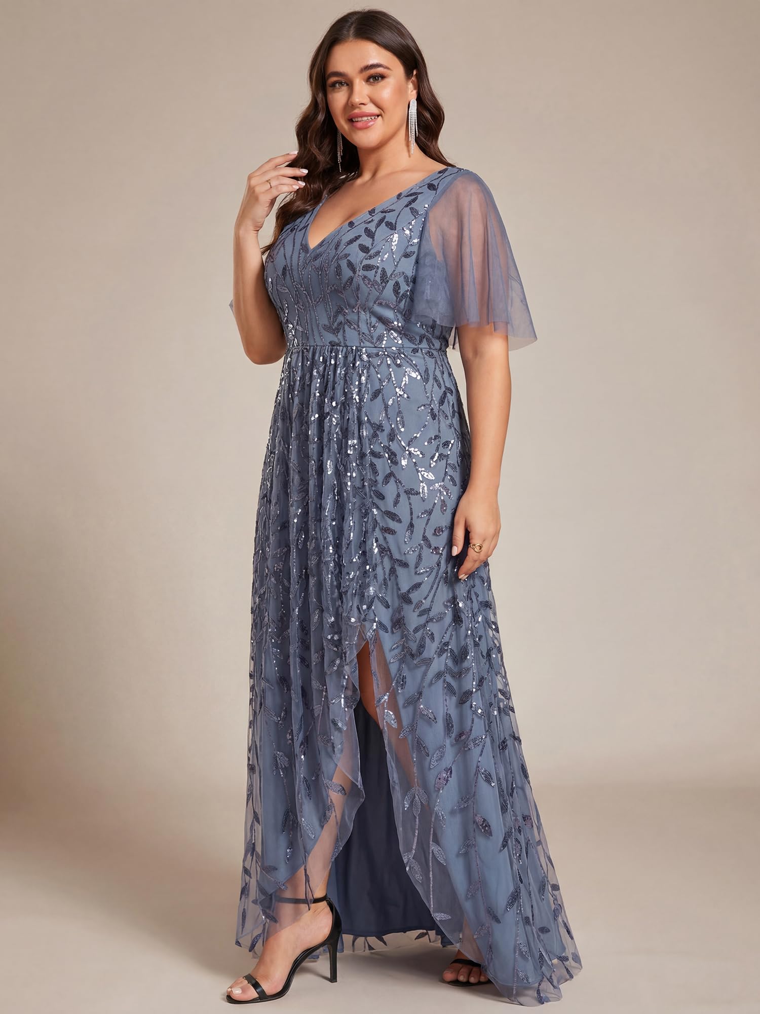 Ever-Pretty Abito da sera formale da donna con paillettes ricamate a fessura alta e bassa linea taglie forti 2083-DA