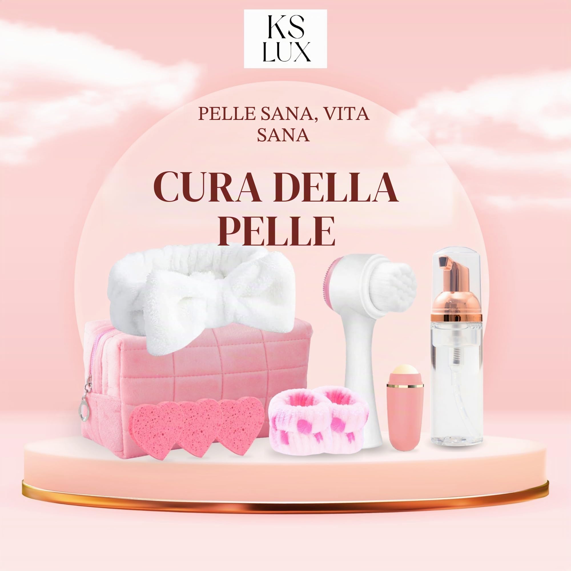 Skin care kit viso, regali donna originali e utili, set skincare completo: fascia capelli skincare, flaconi da viaggio, spazzola pulizia viso, 3 spugnette pulizia, rullo sebo.
